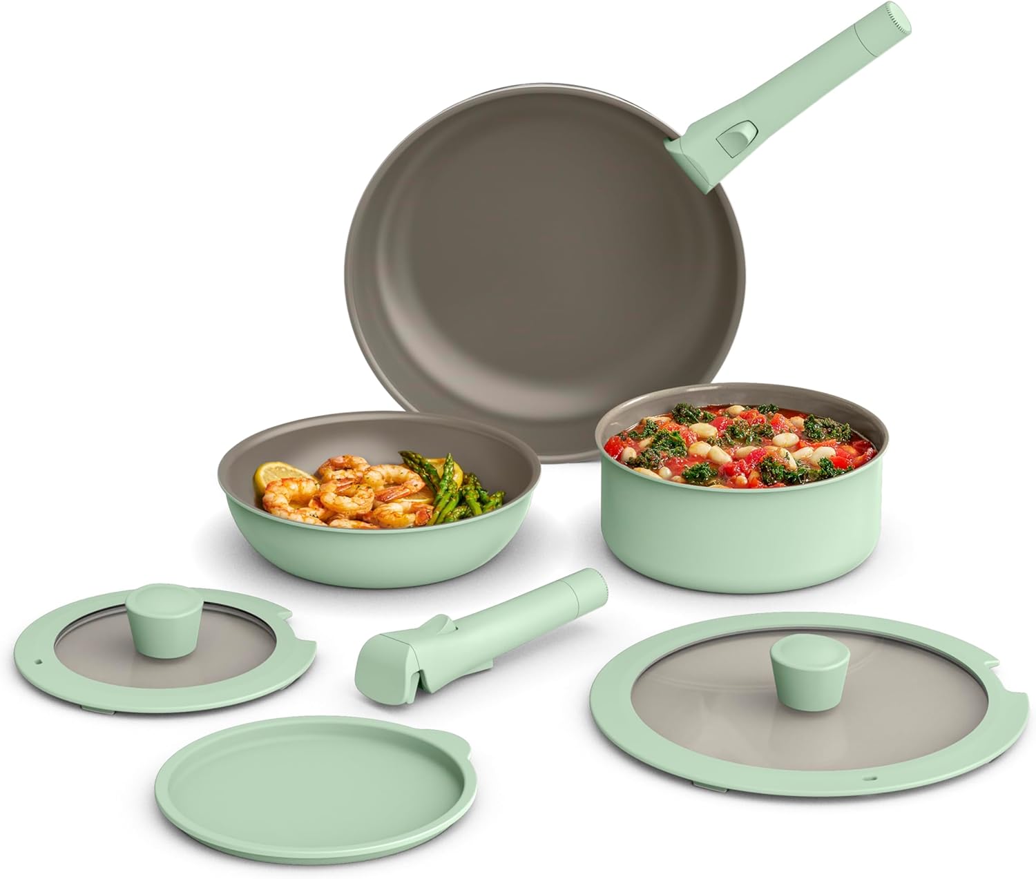 bella 8 Piece Removable Handle Cookware Set, Fits-anywhereTM Kitchenware w EverGoodTM Ceramic Nonstick Coating, Dishwasher & Oven Safe, All Stovetops Compatible, Glass Lids with Silicone Rims, Seaglass
