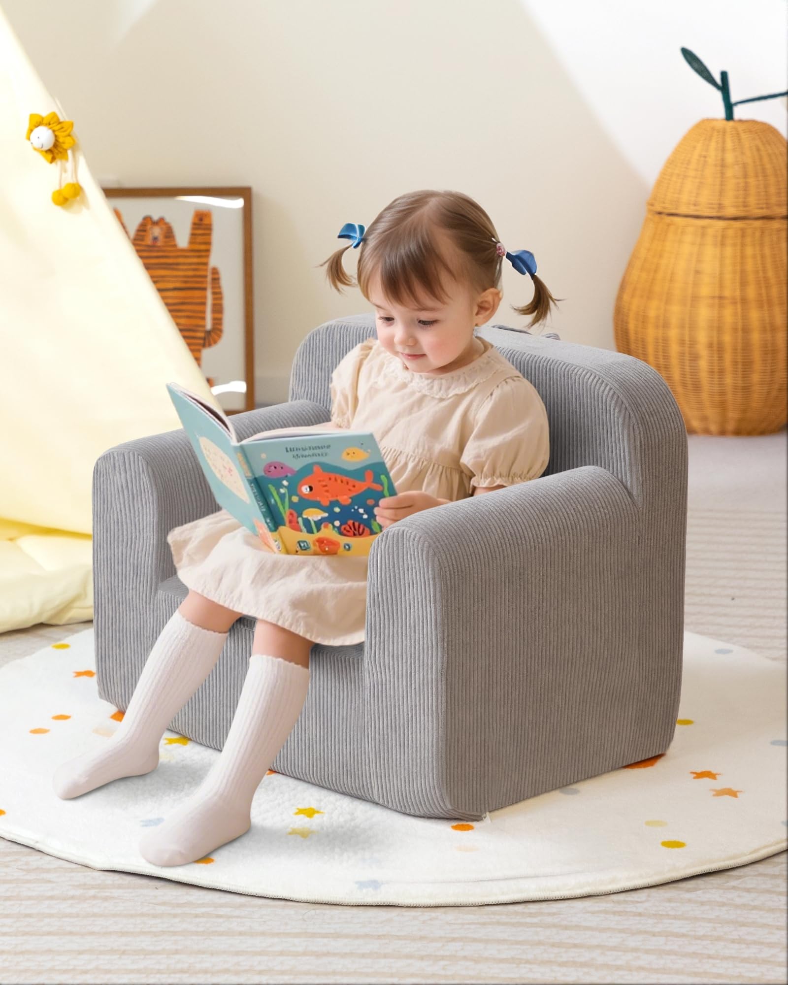 BEJOY Kinderstuhl Ultraweiches Kuschel-Schaumstoff-Sofa, Einzelsitz Cord-Lesecouch für Jungen und Mädchen, Grau