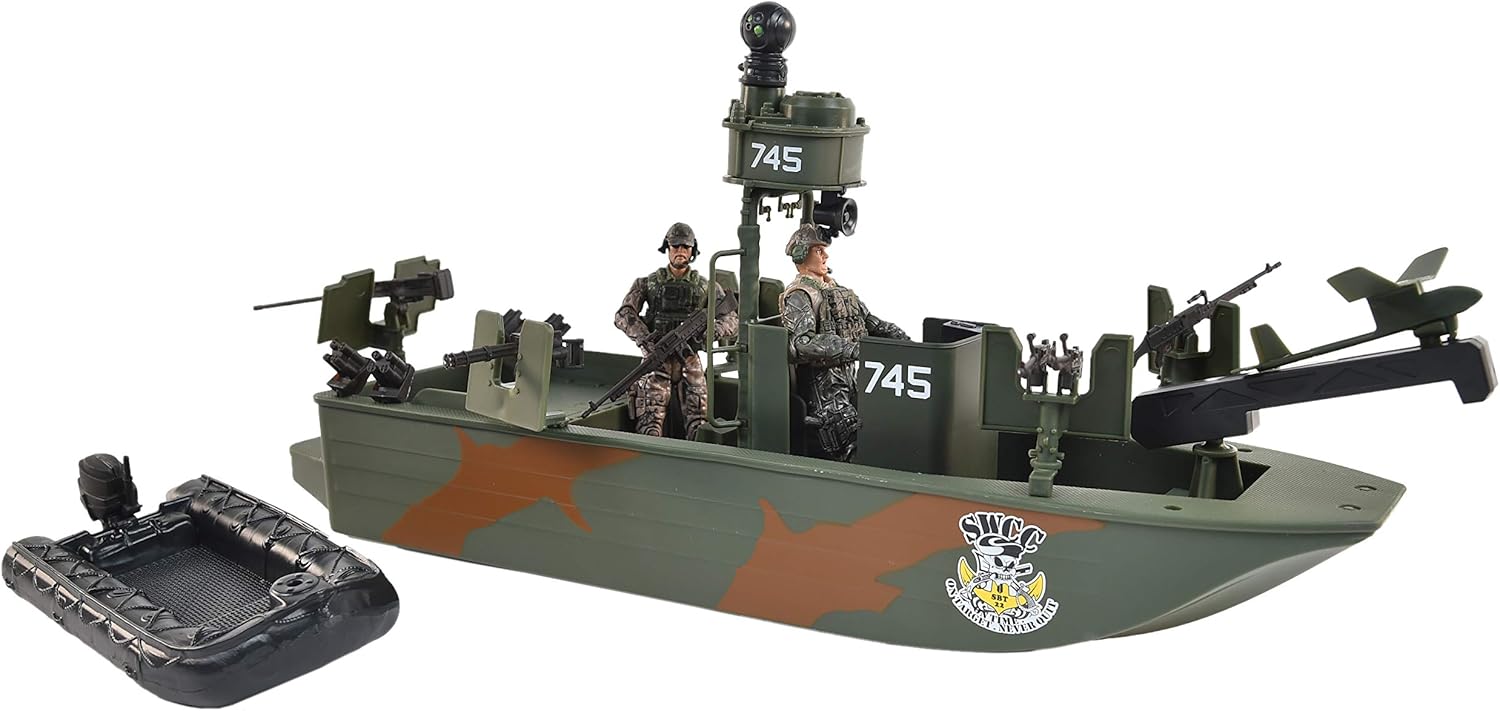 Sunny Days Entertainment Navy Warfare Gunboat – Vehicle with 2 Army Men Action Figures and Realistic Accessories | Military Battleship Boat Toy for Kids – Elite Force