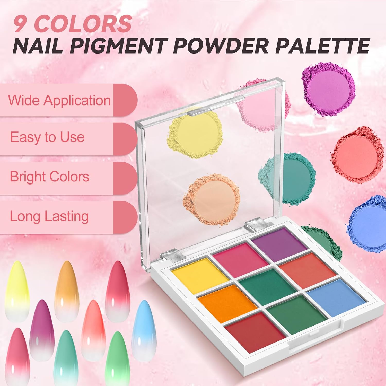 Nail Pigment Powder Palette, 9 Colors Solid Pigment Powder for Nails Ombre Gradient French Manicure, Nail Art Palette Rub Dust Glitter Manicure Home DIY Decoration Accessories, Bright Colors