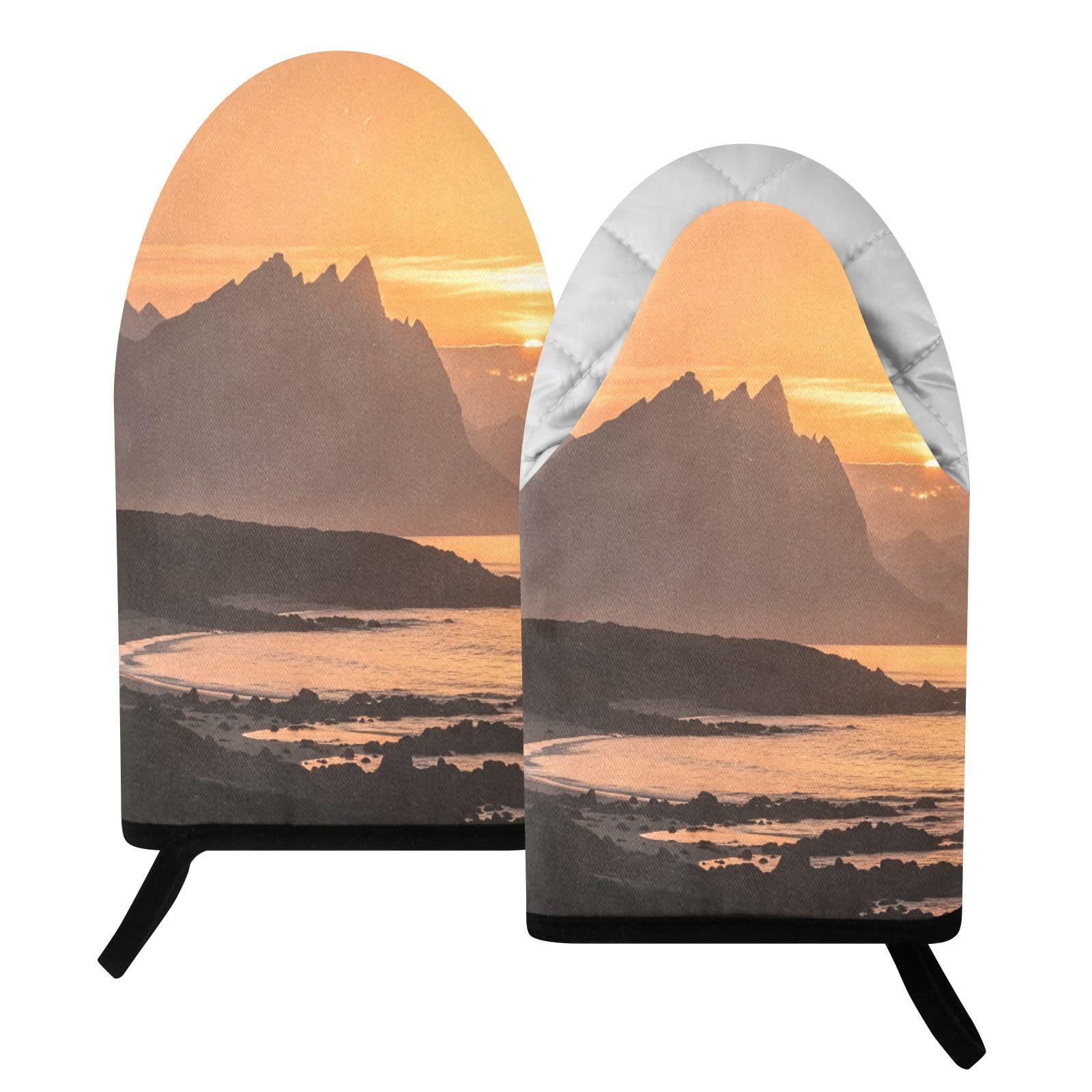 BURSTDDY Seaside Sunset Oven Mitt,Heat Resistant Kitchen Mitts for Cooking
