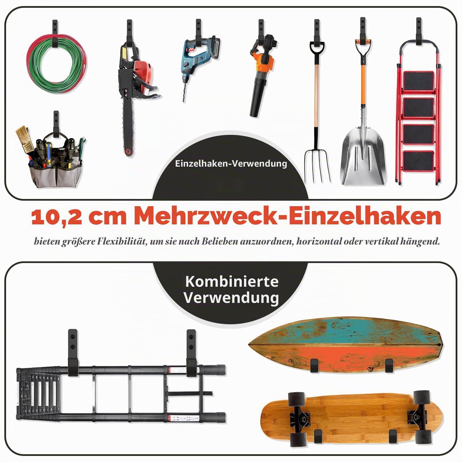 Robuste Garagenhaken, schwerlast Wandhaken, J Garage Haken zum Aufhängen, Stahl-Wandhalterung Werkstatt Organizer für Aufbewahrung, Leiter, Werkzeuge, Gartengeräte (2 Stück,10cm, 22kg)