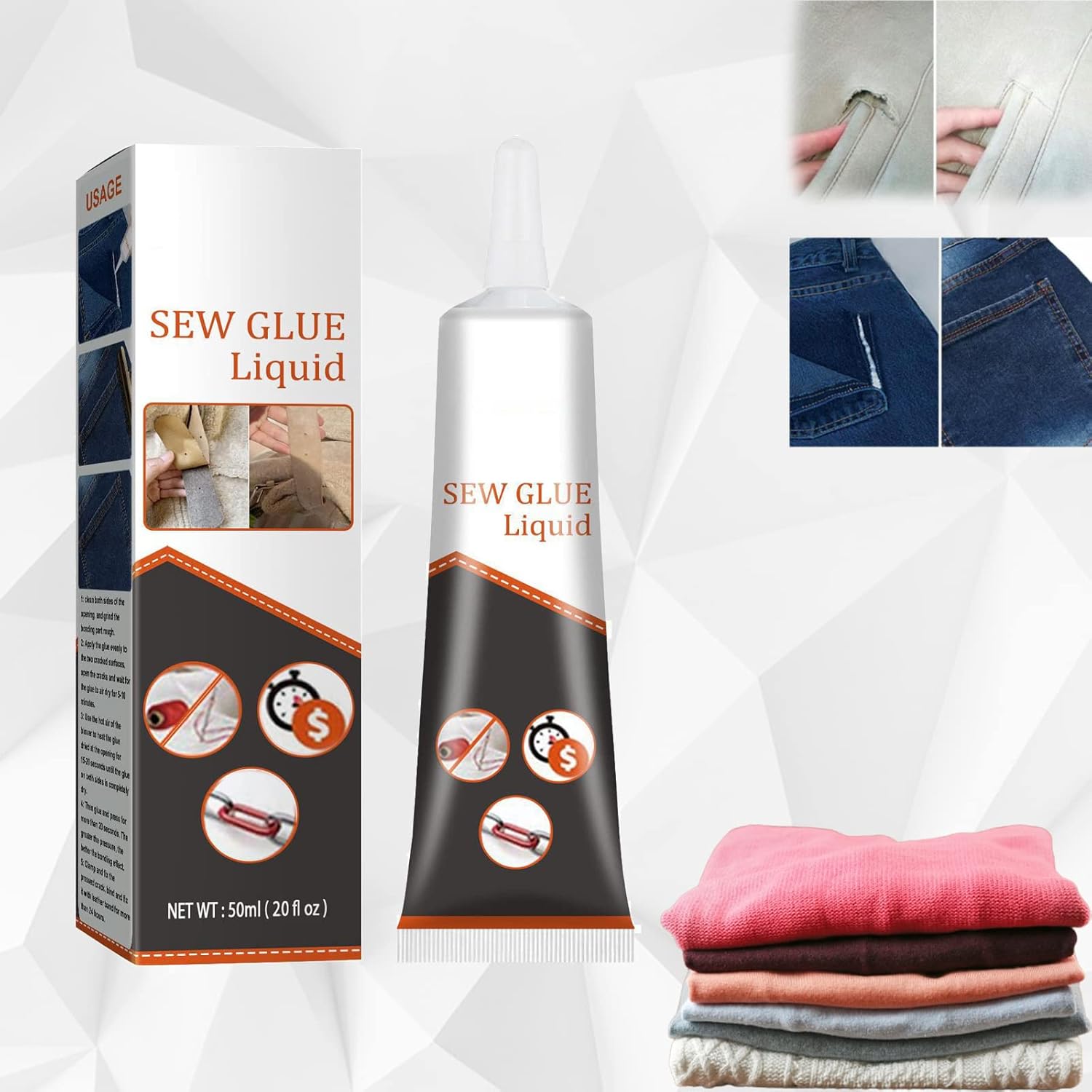 Fabric Glue Permanent Clear Washable, Cloth Repair Sew Glue, Instant Sew Glue