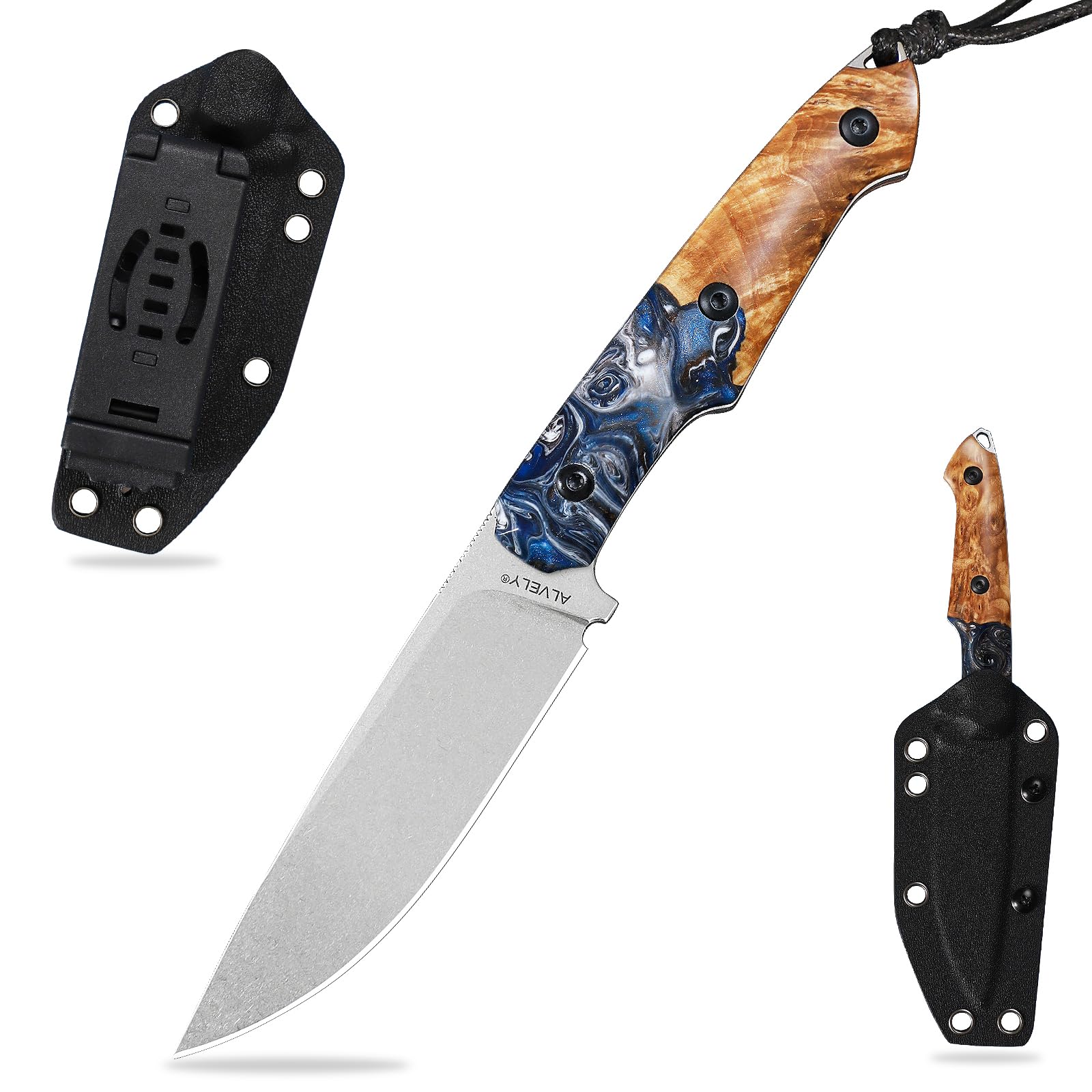 Handgefertigtes DC53-Stahlmesser mit feststehender Klinge, Outdoor-Taschenmesser für Herren, inklusive Scheide, Griff aus Kunstharz und Ahornholz, ideal für Camping und Bergsteigen.