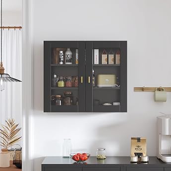 KEEPREAPER Wall Cupboard 70 cm Kitchen Wall Cupboard with 2 Glass Doors
