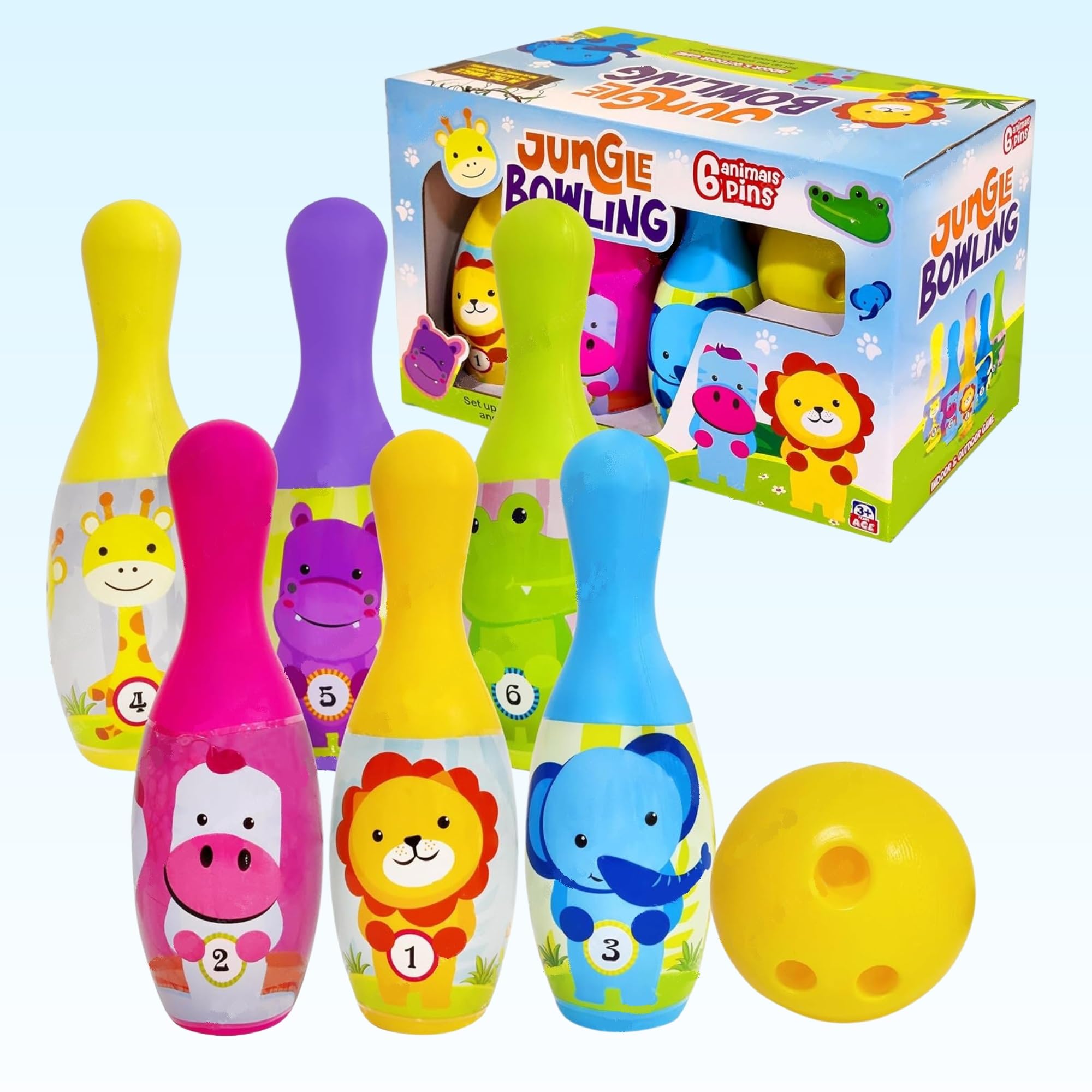Toys Treasure Bowling Set for Kids – Toys for Kids, Jungle Animal Theme Bowling Play Set with 6 Pins, Fun Activities Game for Kids, Indoor & Outdoor Sports Games
