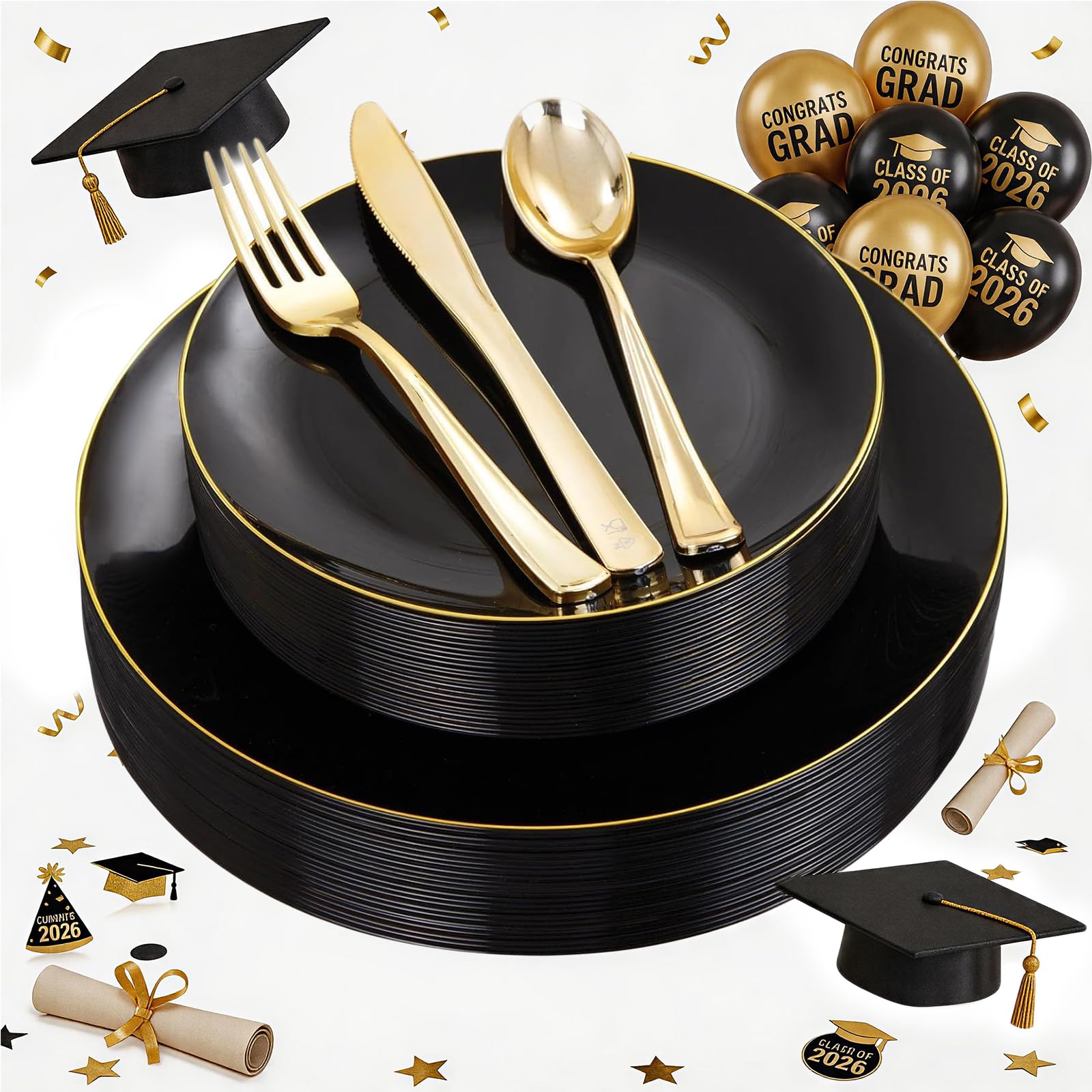 Photo 1 of **MISSING BIG PLATES AND FORKS**YOUBET 125PCS Black and Gold Plastic Plates - Black Disposable Plates With Gold Rim - Includes 25 Dinner Plates, 25 Dessert Plates, 75 Gold Silverware for Wedding Birthday Party Graduation