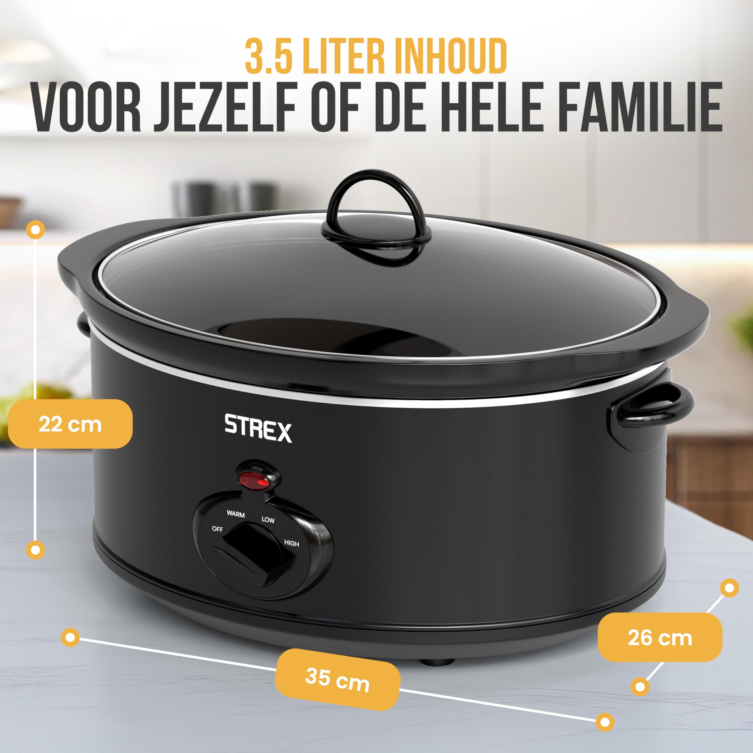 Strex Olla de cocción lenta 3.5L - Sartén interior de cerámica extraíble - Función mantener caliente - olla de cocción lenta - Negro