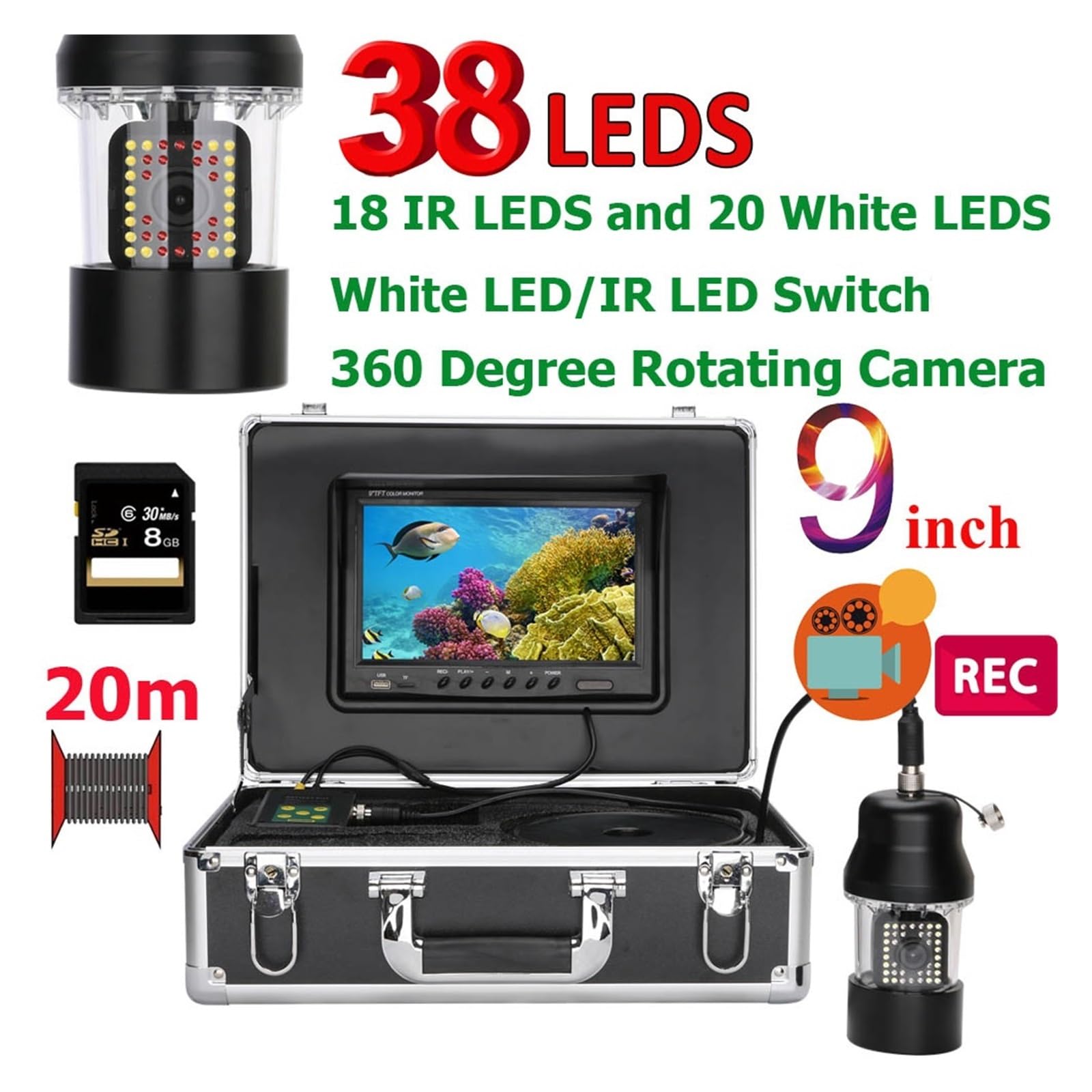 Caméra De Pêche 9 Pouces – 38 LED, 1000TVL, Rotation 360°, Câble 50 M, IP68, DVR, Batterie 4500mAh
