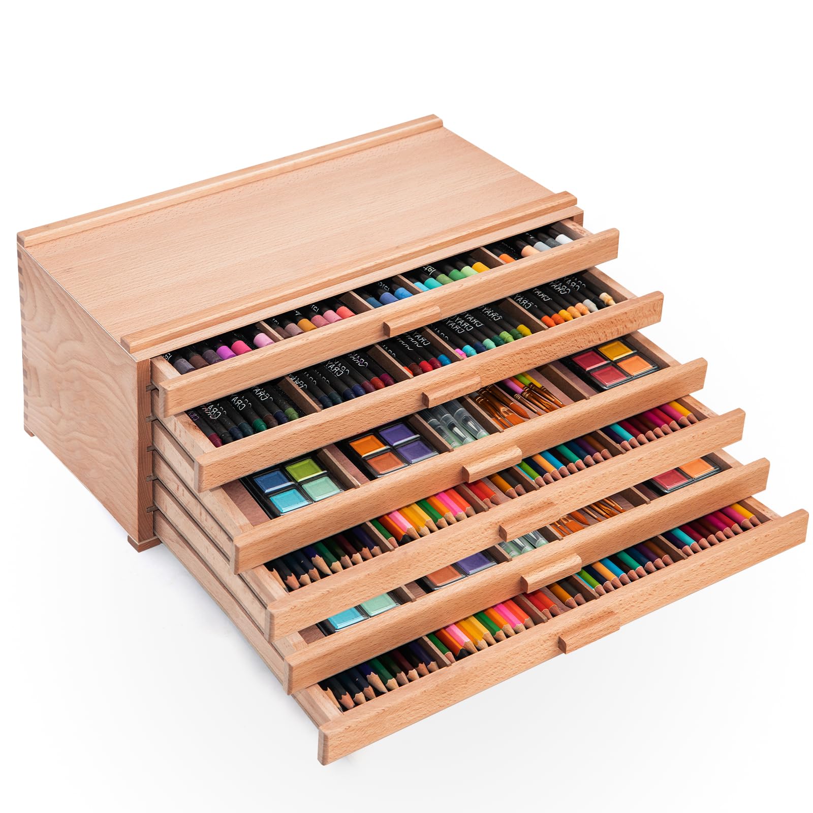 Falling in Art 6 Drawer Artist Supply Storage Box, Wooden Pastel Storage Box, Portable Organizer Box for Pastels, Pencils, Markers, Brushes and Art Supplies