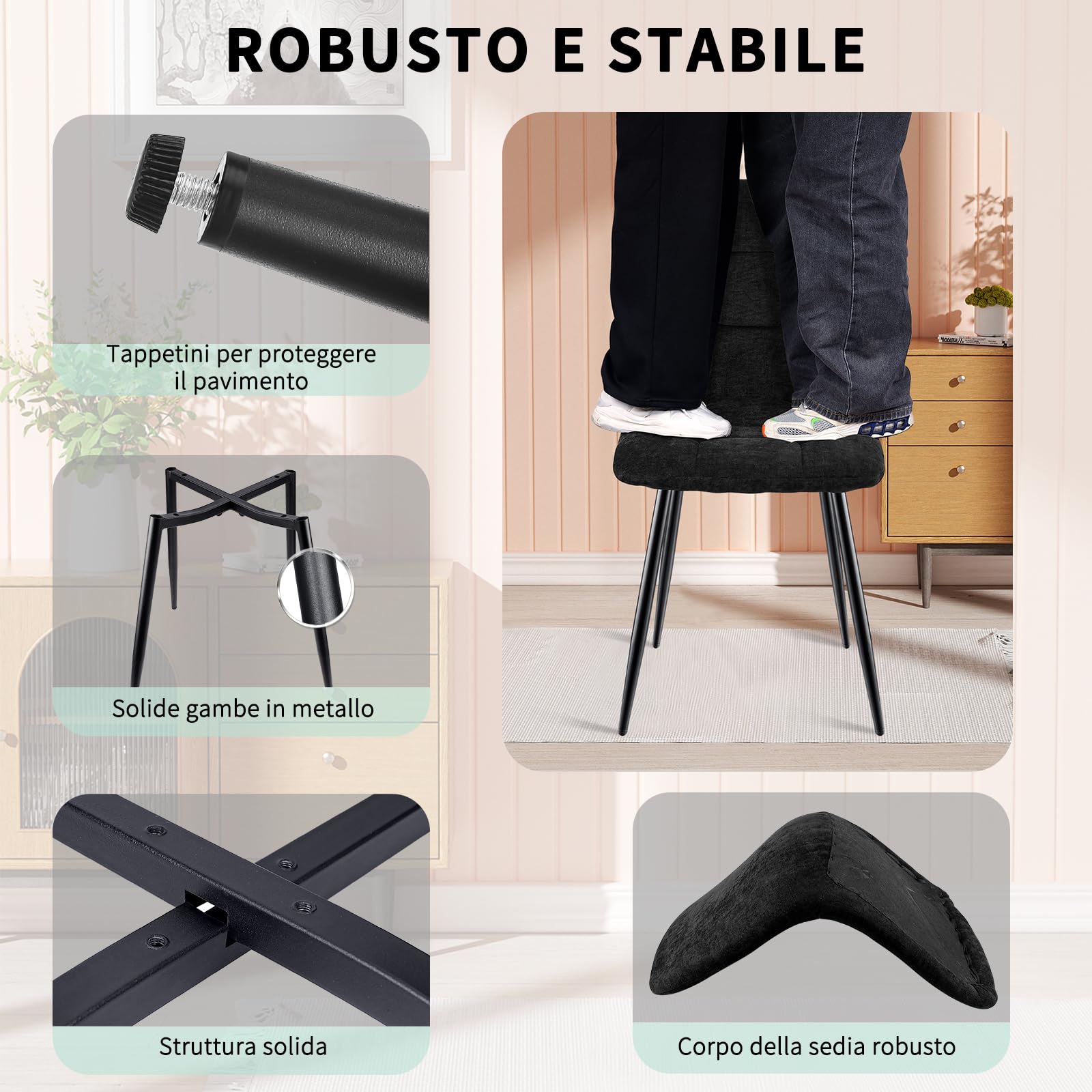 JIJIAN Set 4 Sedie da Pranzo, Sedie da Cucina in Lino, Nero | Gambe in Metallo, Stile Moderno, Portata Fino a 120 kg, Sedie Imbottite per Sala da Pranzo, Soggiorno e Cucina