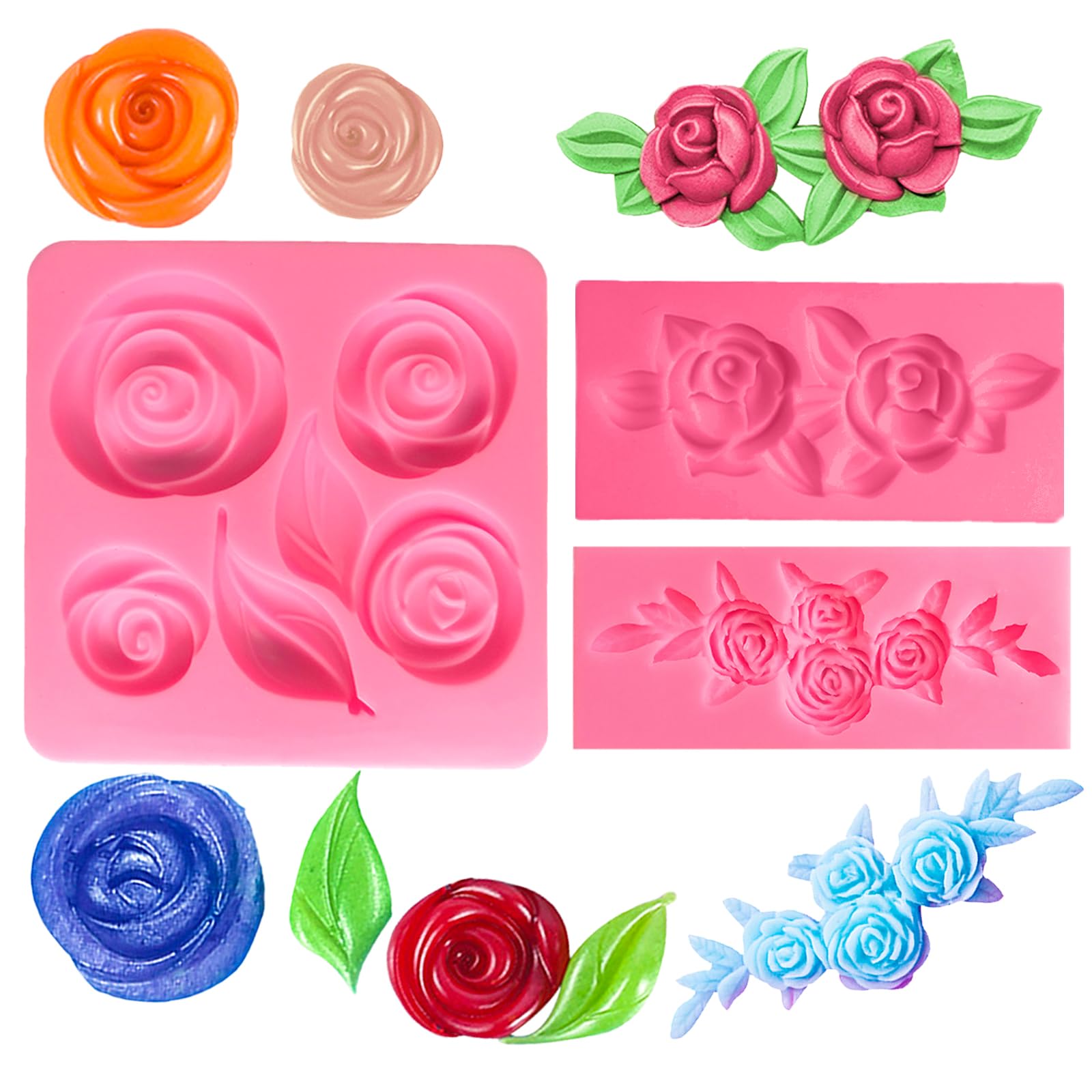 Muiltvoe 3 PCS Roses Flowers Silicone Molds Flowers and Leaves Fondant Candy Silicone Molds Chocolate Candy Molds for for DIY Candy Pudding Cake Topper Decor Desserts Party Decorations