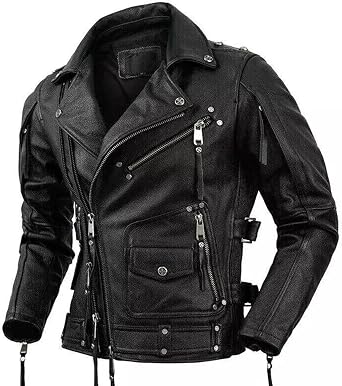 Mens Black Genuine Leather Motorcycle Jacket Retro Biker Style with Zipper Pockets & Belted Slim Fit Punk Rock Outerwear