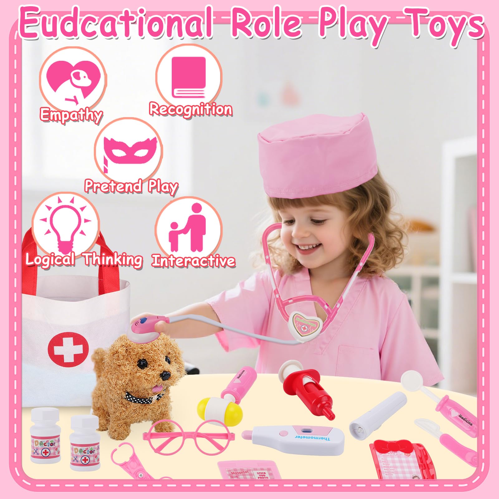 TEUVO Doctors Set for Kids, Children Pet Vet Care Play Set including Vet Doctor Costume, Dog Toys, Stethoscope - Image 2