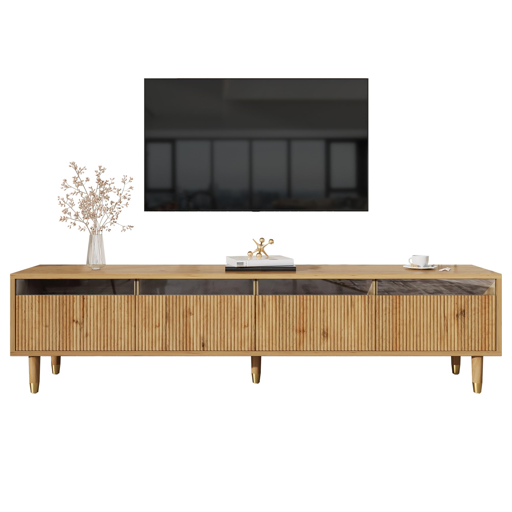 Azkoeesy Mobile TV con illuminazione a LED e 4 cassetti, 178 x 35 x 45 cm, con accenti dorati, vano portaoggetti XL per soggiorno, robusto MDF e acrilico, design moderno (naturale)