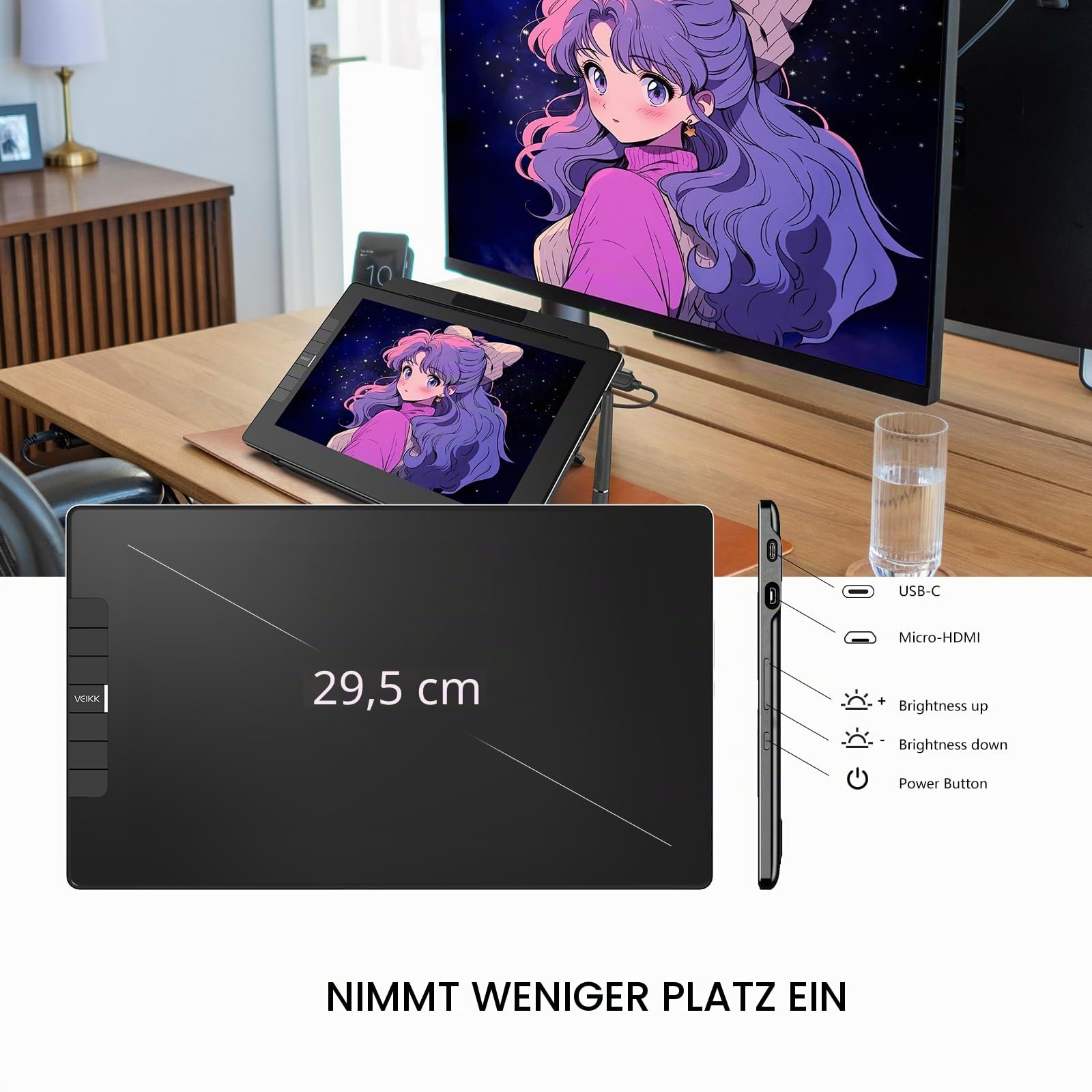 VEIKK Grafiktablett mit Display, VK1200 FHD IPS 11,6 Zoll Grafiktabletts mit 100% sRGB Bildschirm, 6 Shortcut-Tasten und 8192 Stufen Batterie-freiem Stylus, Kompatibel mit Linux/Windows/Mac