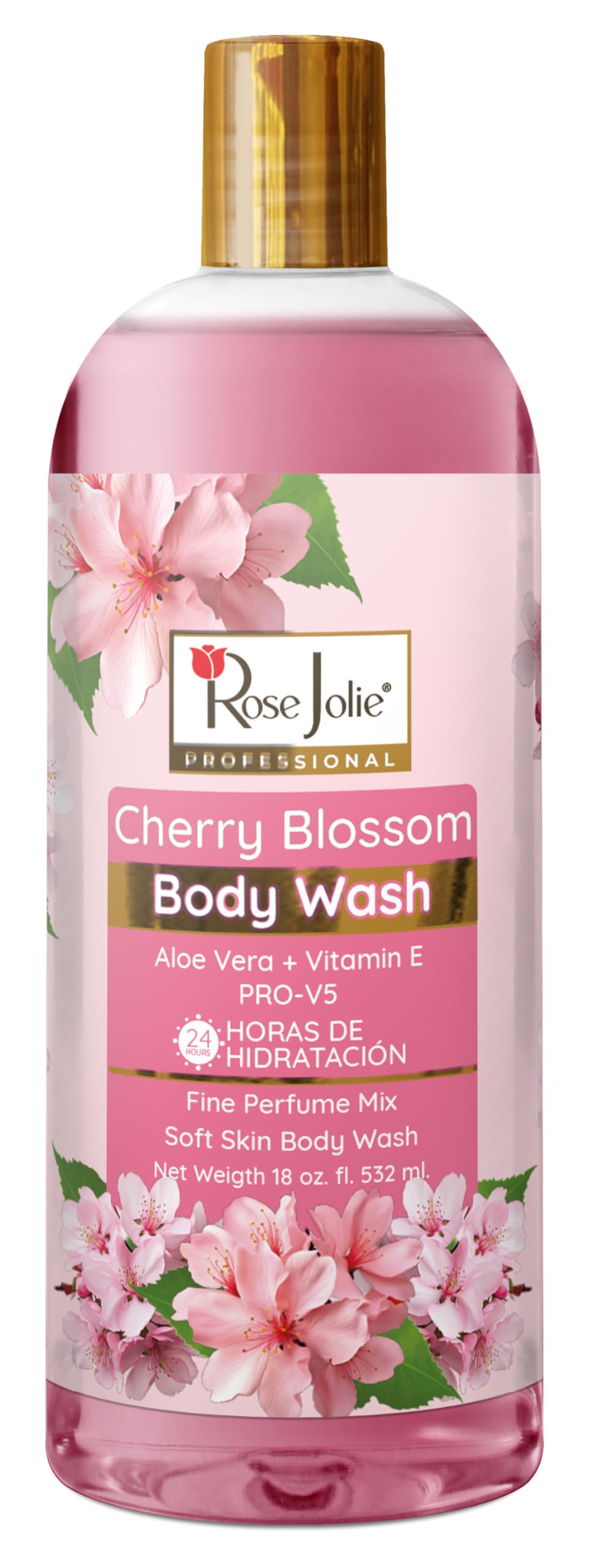 Rose Jolie Cherry Blossom Body Wash Aloe Vera Vitamin E 24-Hour Hydration Moisturizing Body Cleanser for Soft Skin