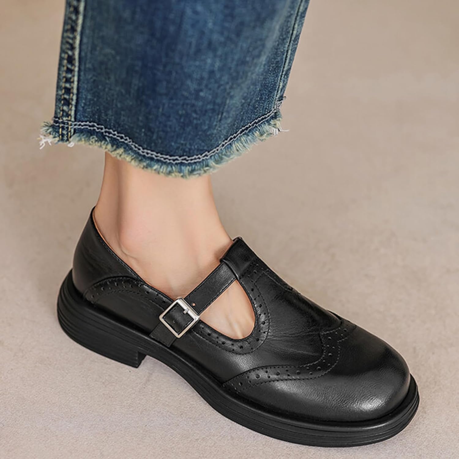 Women's Leather Mary Jane Oxfords Shoes Round Toe Flats Chunky Low Heels T-Strap Soft Leather Retro Loafer Shoes with Buckle - Image 6