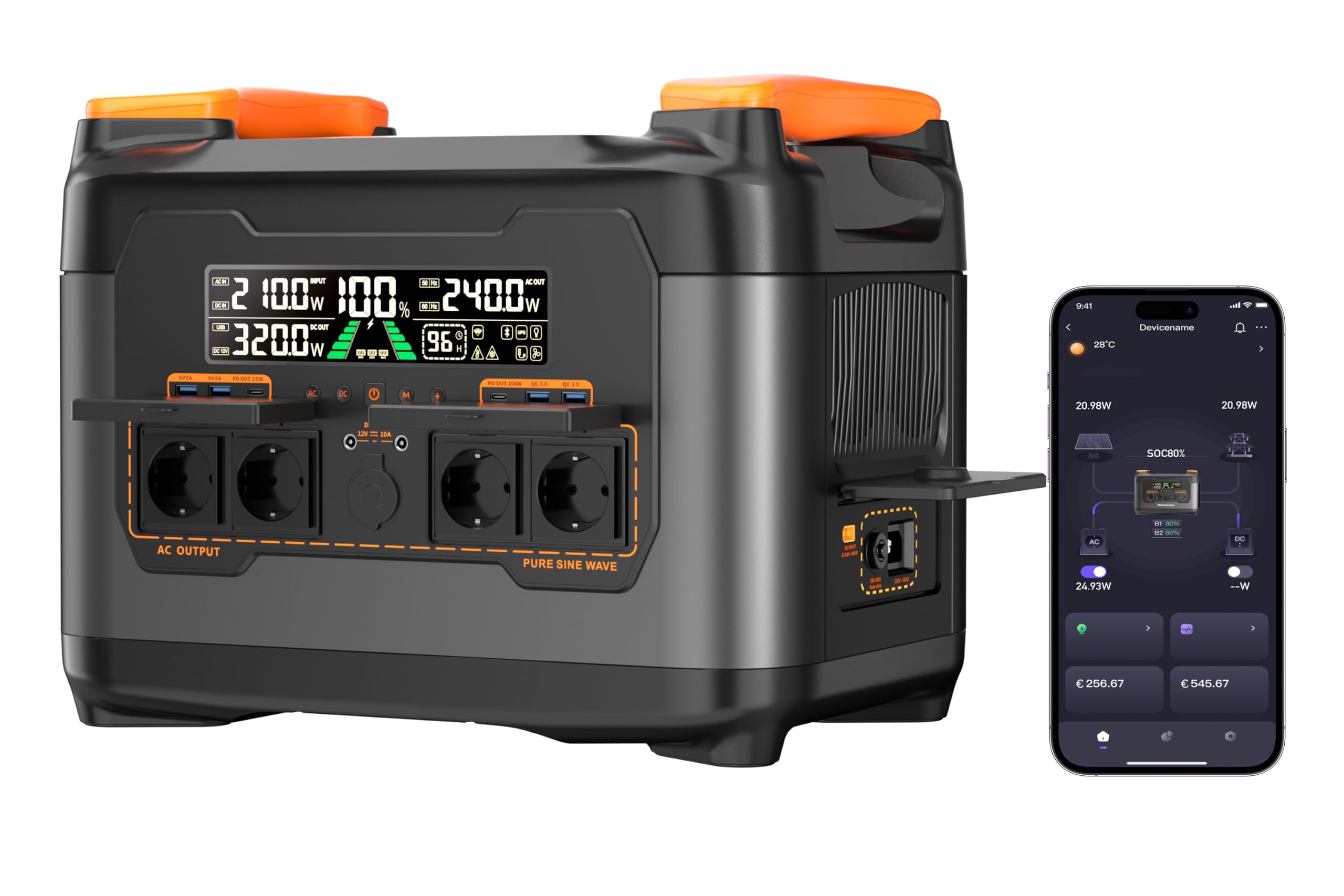 S2400 - Estación de energía portátil (2047,5 Wh/2400 W (punta de 4000 W), para balcón con memoria, almacenamiento de energía todo en uno con microinversor, CC 24 V/MPPT 1200 W, generador