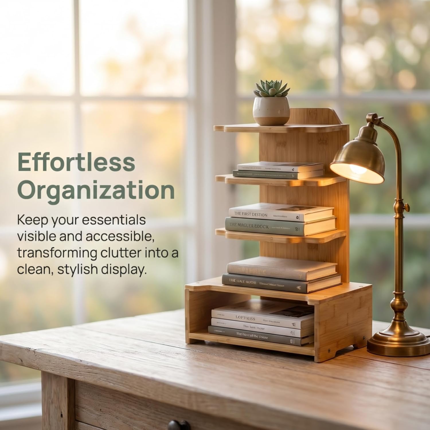 4 Tier Desktop Bookshelf with Drawer, Bamboo Floor Free Standing Organizer Bookcase, Corner Display Open Storage Shelves Book Magazines Rack for Small Space, Office, Home