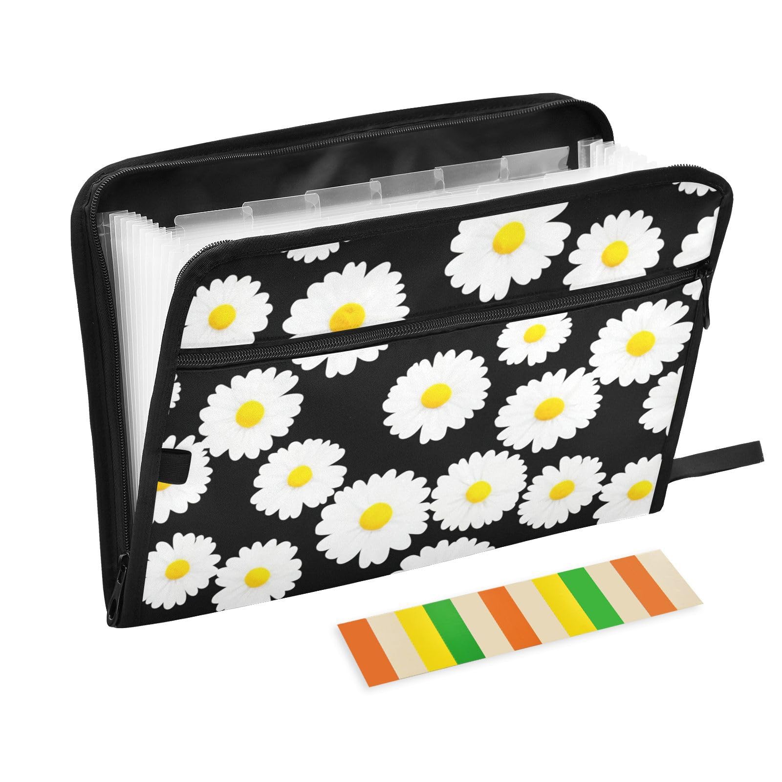 Blossom Daisies Flowers Black Accordian File Organizer Expanding File Folder with Zipper 13 Pockets Document Organizer File Folder for Documents