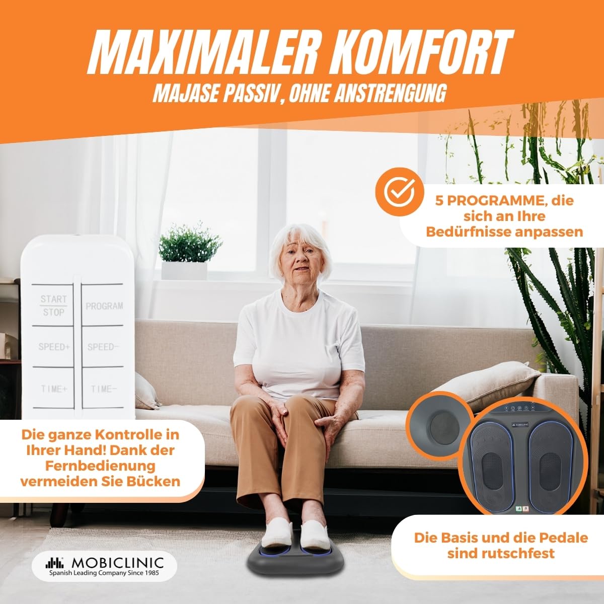 Mobiclinic, Fußmassagegerät, Vibration 10 Geschwindigkeitsstufen, 5 Programme, Timer, Fuß- und Beinmassagegerät mit Vibration, Fernbedienung und Bedienfeld LED, VIBFIT