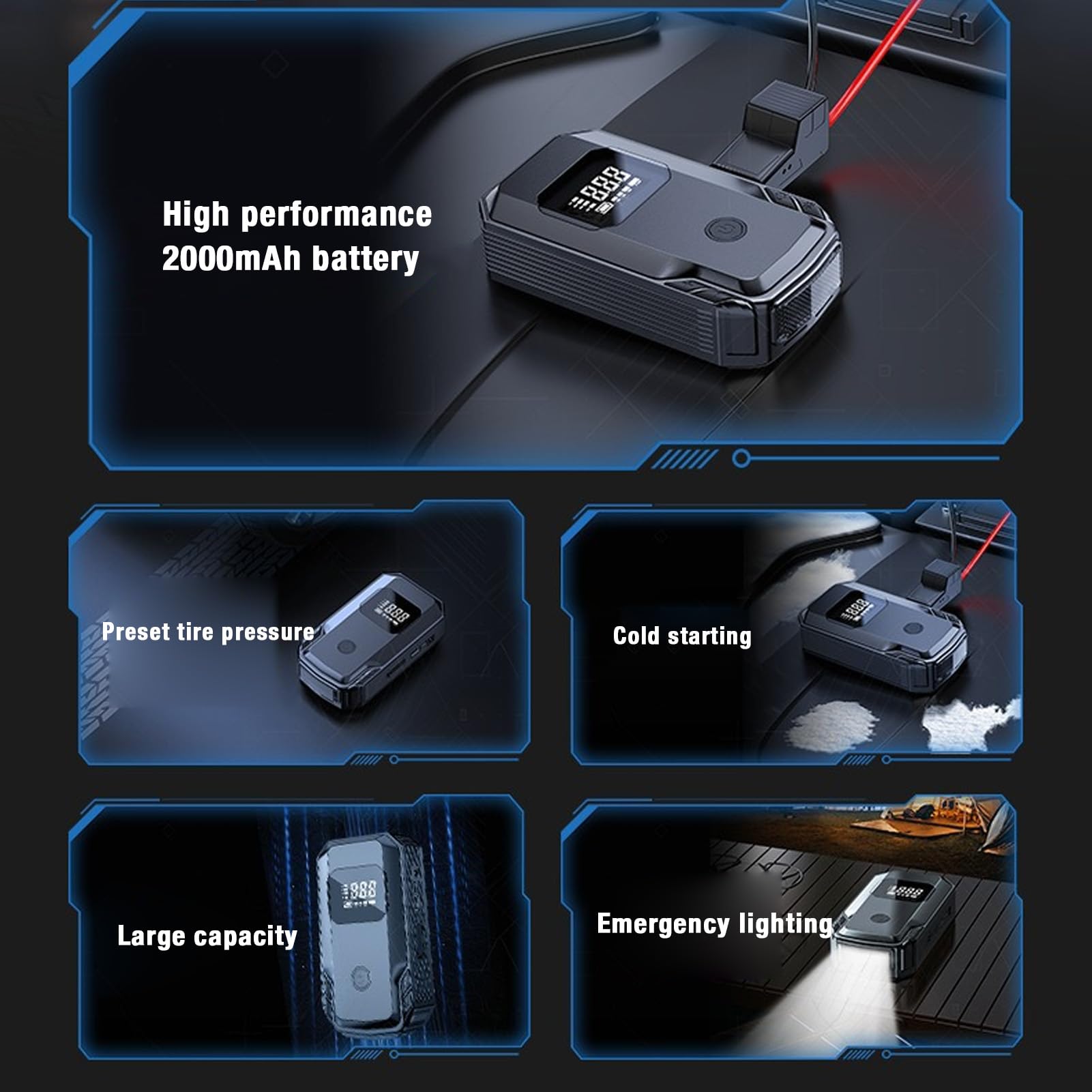 FLEXMAN Avviatore di Emergenza Portatile per Auto, Avviatore di Emergenza Multifunzionale da 12 V, Batteria Booster Pack da 90 W 150 PSI per Attività All'Aperto Ed Emergenze