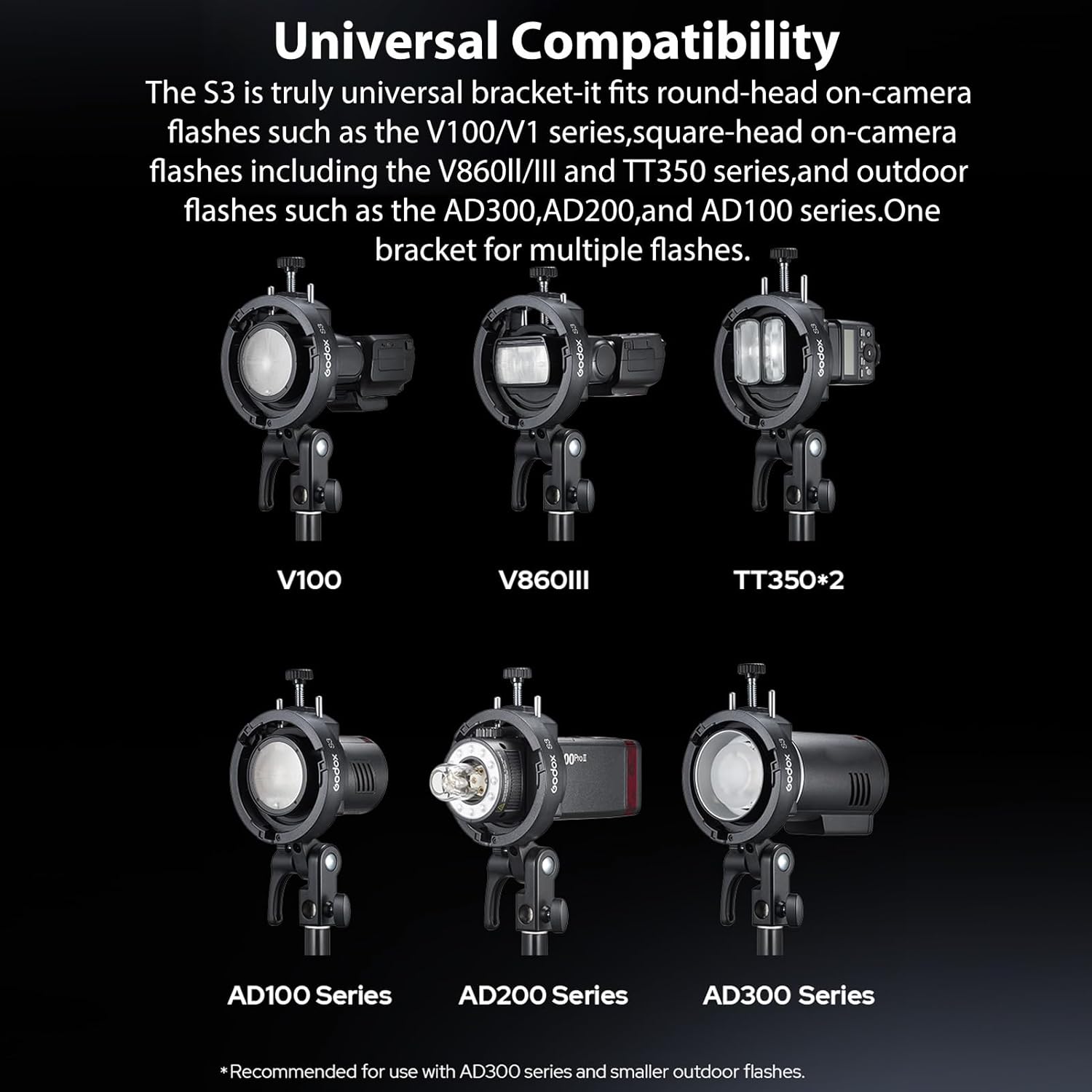Godox S3 Speedlite Bracket, S-Type Bowens Mount Flash Holder, Compact and Lightweight Compatible with Godox V1, V860III, AD200Pro, AD300Pro, AD400Pro, TT350 for Photography and Video Lighting