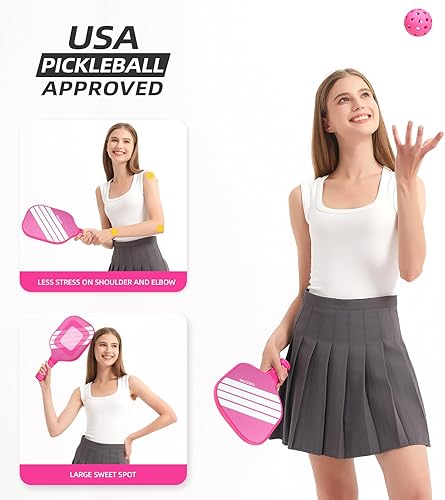 Miniatura 6 de Juego de 2 palas de pickleball rosadas, juego de bolas de fibra de vidrio aprobadas por USAPA con 2 bonitas raquetas de pickleball ligeras, 2 bolas