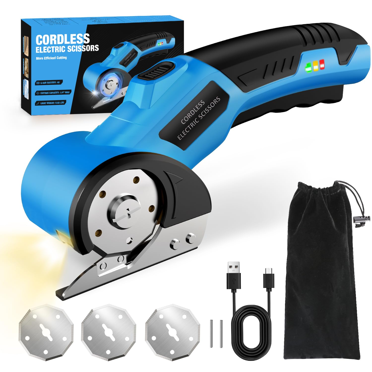Cordless Electric Scissors,4V Rechargeable Cardboard Cutter Heavy Duty Scissor with Safety Lock &amp; LED Light for Box Carpet Plastic Fabric(Blue)