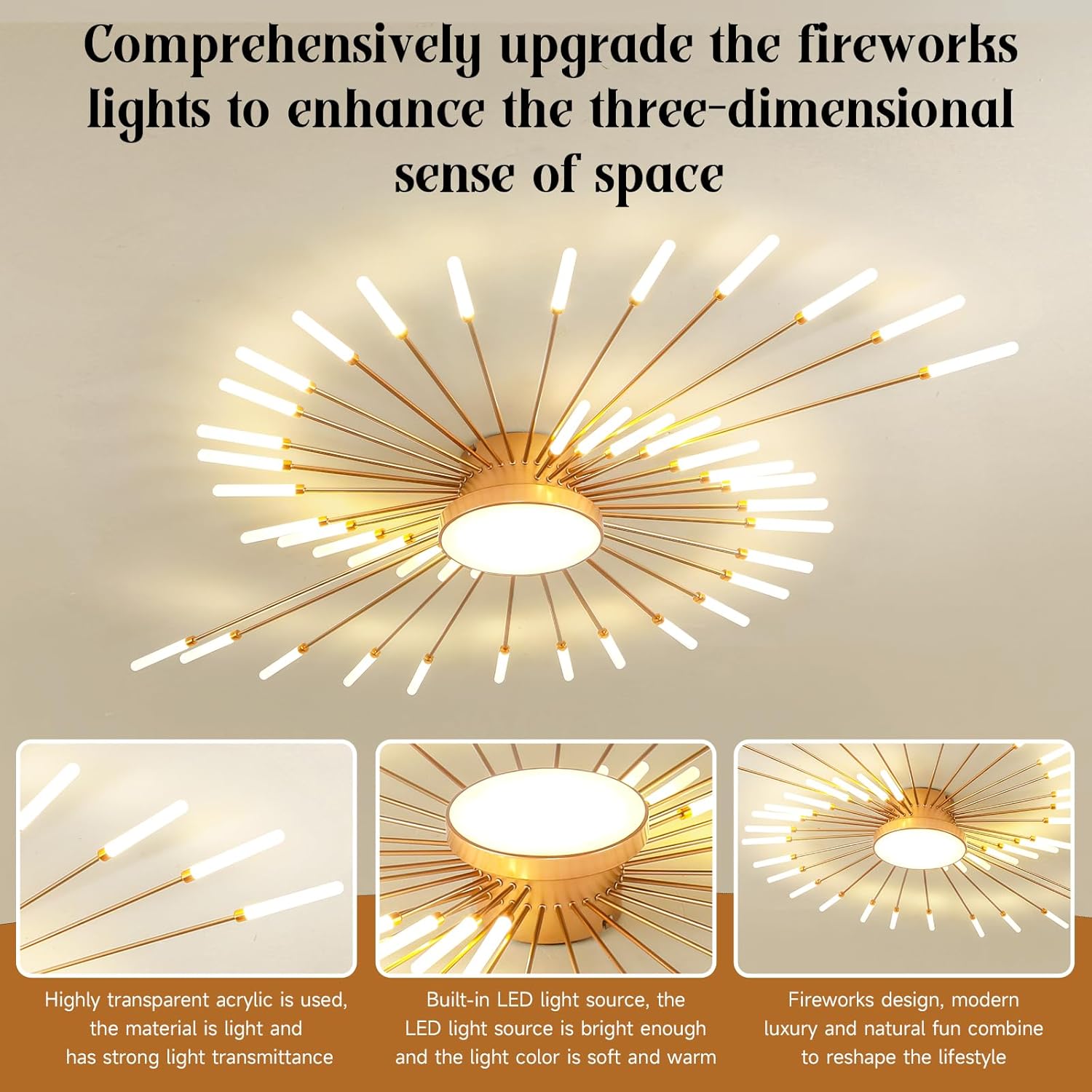 Modern Ceiling Light,Gold Flush Mount Metal Firework Designed LED Lighting Fixture for Farmhouse Kitchen Dining Room Bedroom Hallway Living Room(42+1 Lights)