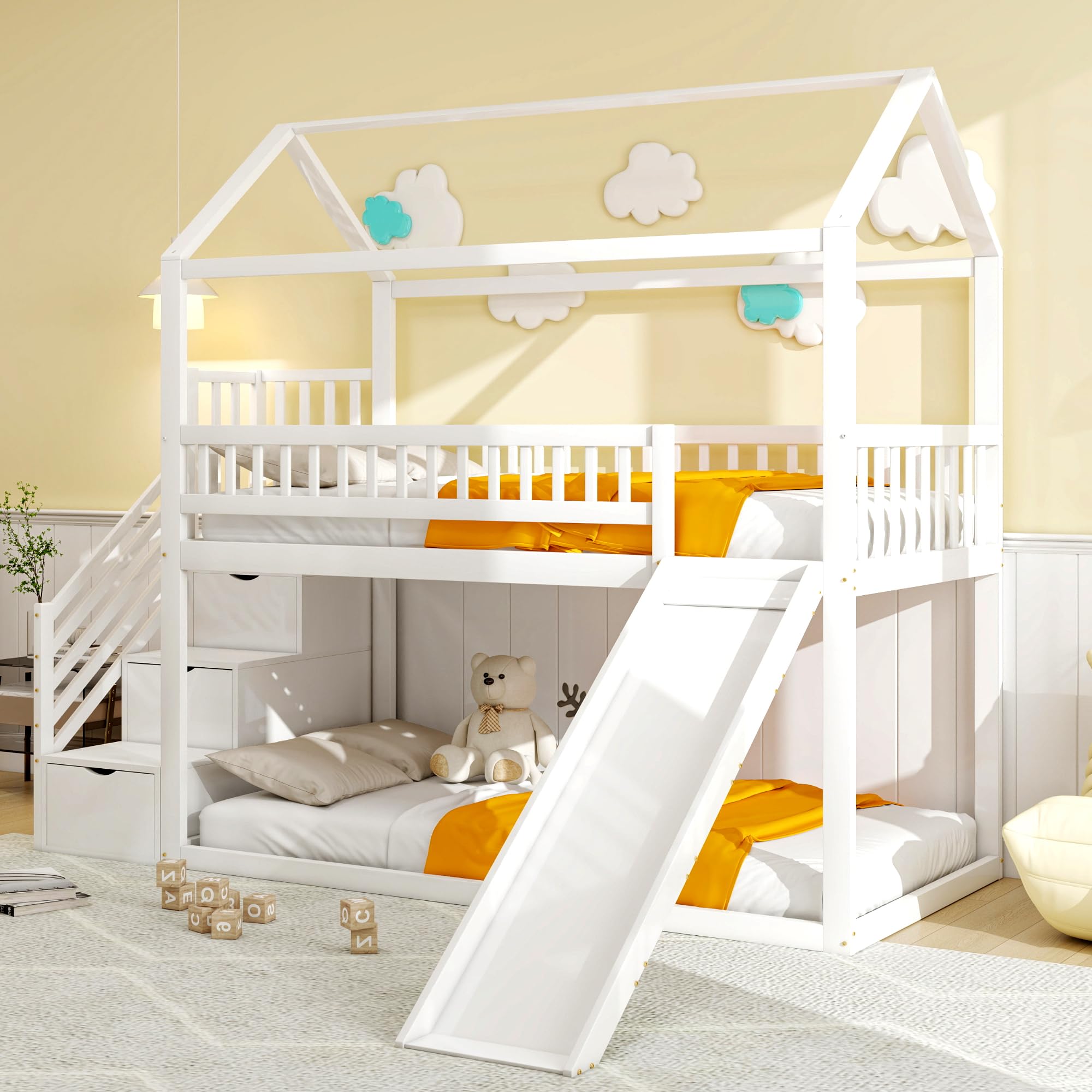 Hochbett Kinderetagenbett 90x200 cm, Multifunktionales Kinderbett, mit Rutsche und 3 Stauraumleiter, hohe Zaunkonstruktion, Massivholzbettrahmen, Lattenrost,Weiße