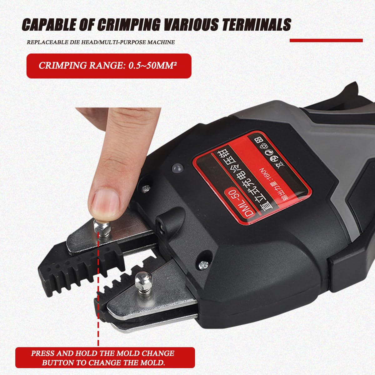 Kit di crimpatura elettrica, crimpatrice per capicorda con 7 stampi, 2 batterie, avvio a un pulsante, illuminazione a LED, connettori non isolati per terminali elettrici