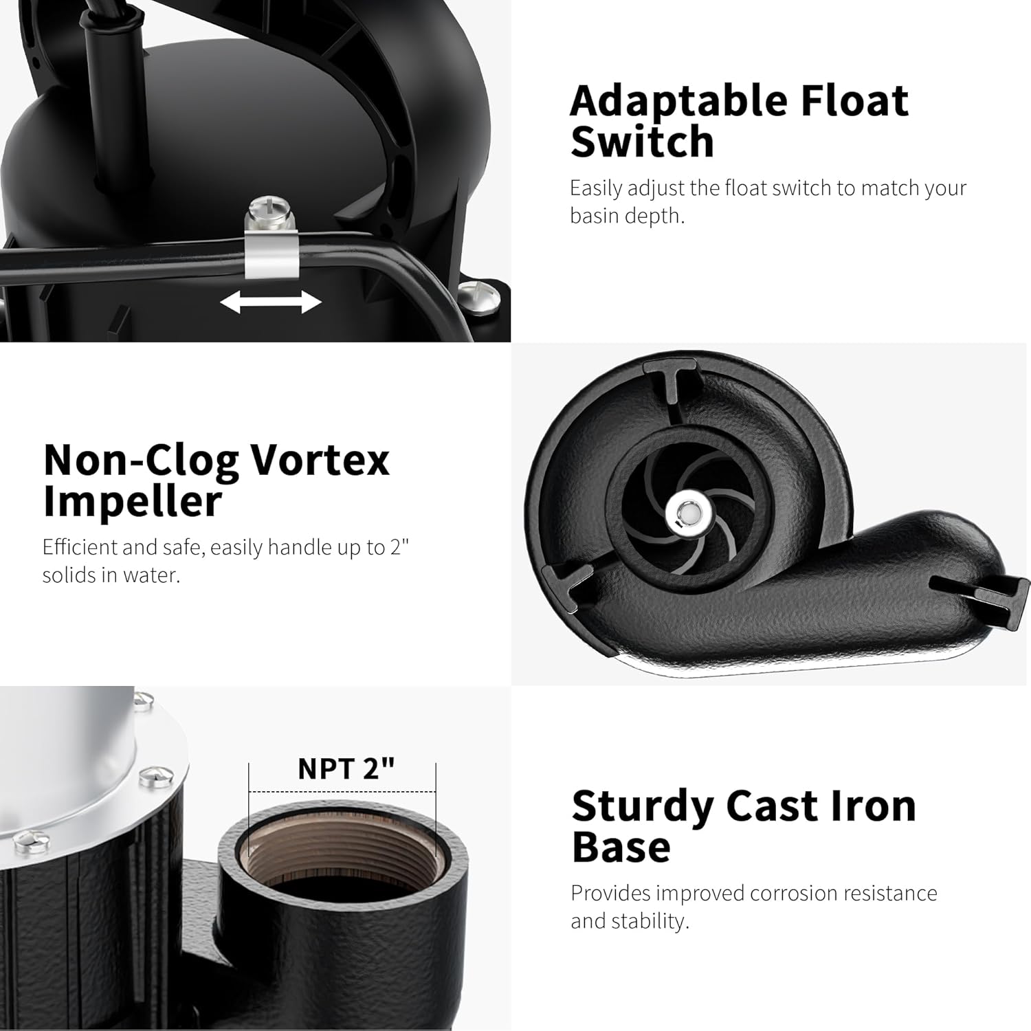 FOTING 1HP 5600GPH 40FT Submersible Sewage/Effluent Pump, Heavy Duty Cast Iron Septic Pump Automatic/Manual, Sump Pumps for Basement, Septic Tank, Sewage Well, Sewage System, 2'' NPT Discharge