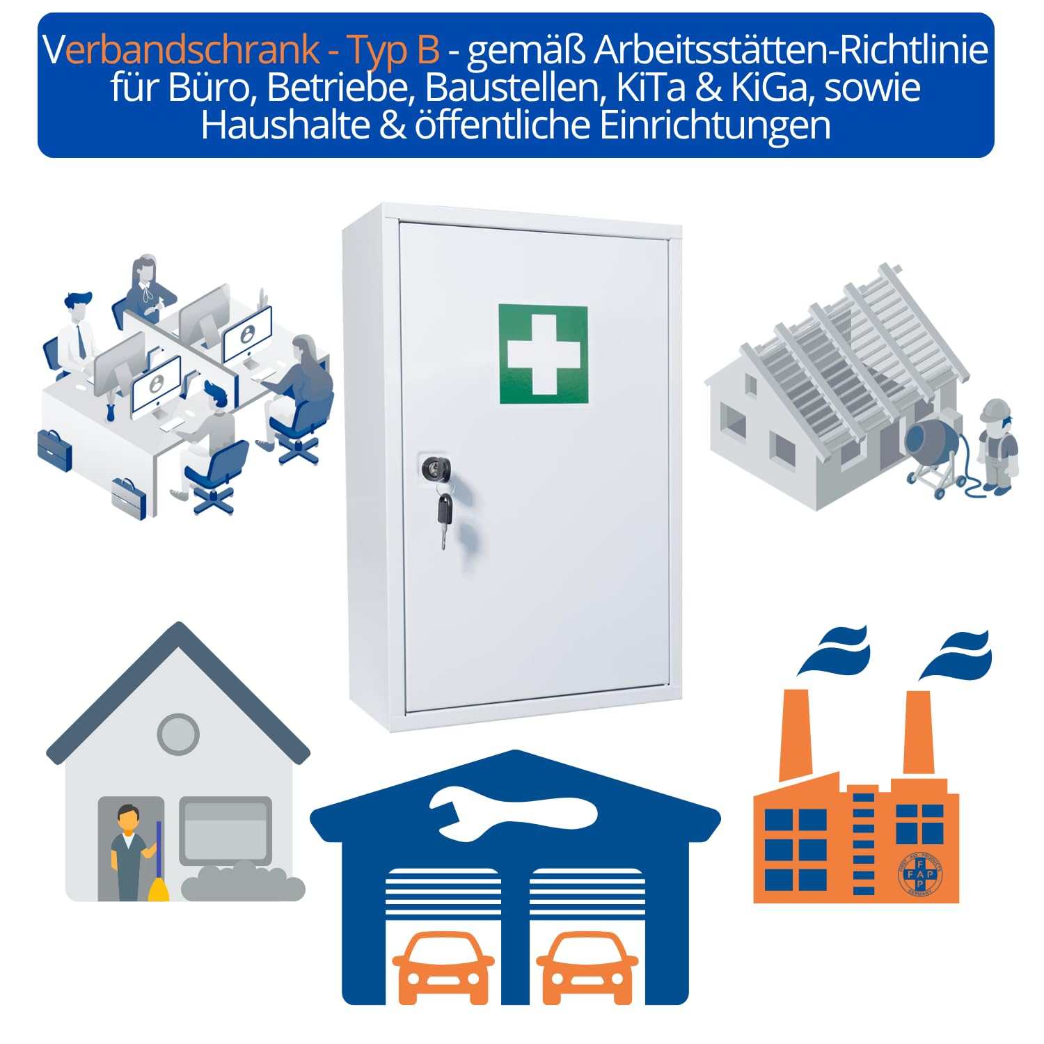 First Aid Products Verbandschrank B – inkl. DIN 13157:2021 Füllung – Metall, 3 Ablageflächen, abschließbar – Betriebsverbandkasten, Büro, Betrieb, Versammlungsstätte & Werkstatt – 46×30×14 cm