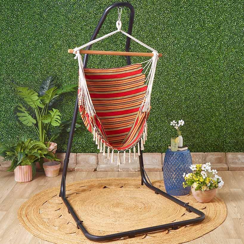 The Lakeside Collection Hammock Chair with Fringe Trim and Metal Hammock Stand - Metal Hammock Stand