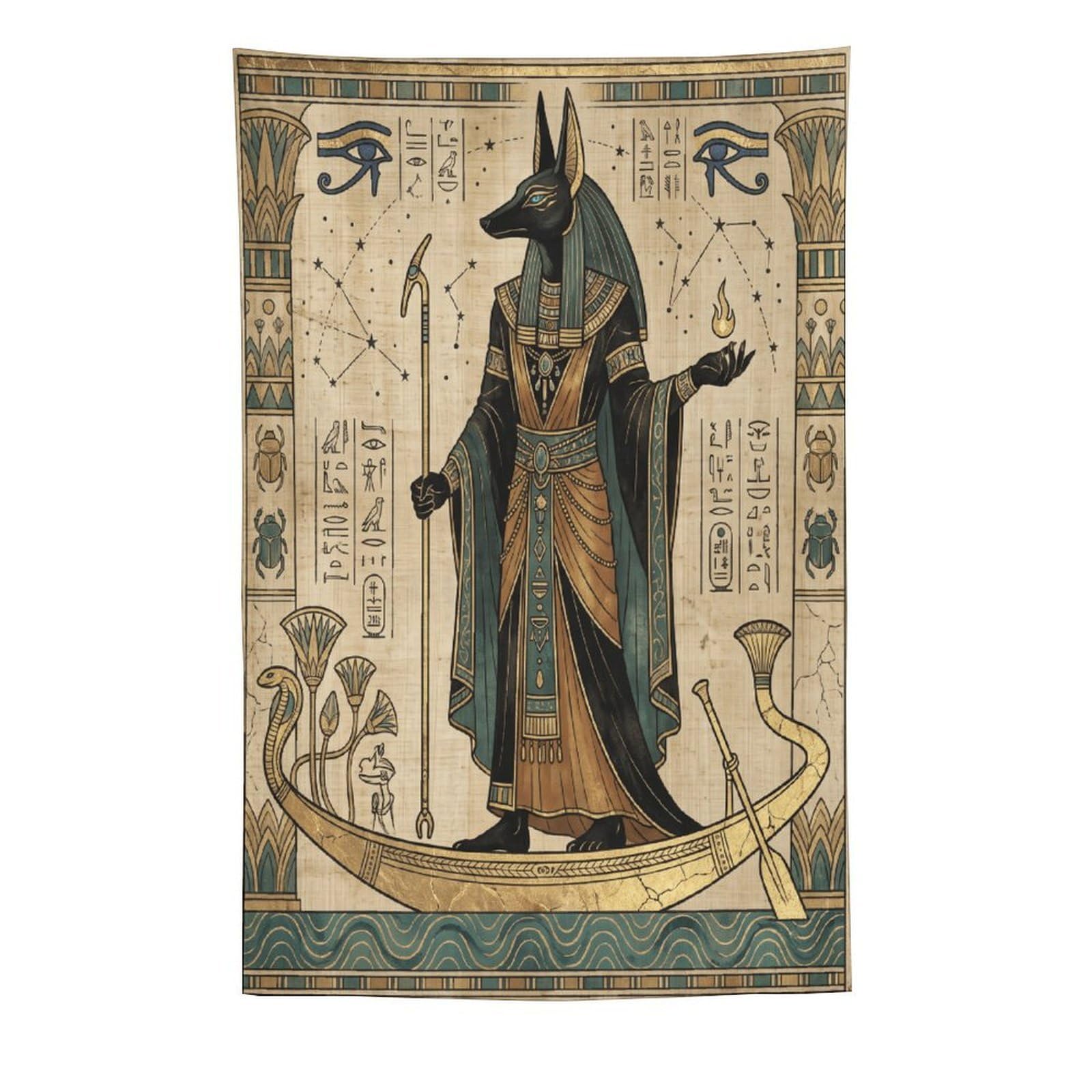 W7C8U2X3 Anubis Boat Egyptian Wall Tapestry, Temple Symbolism