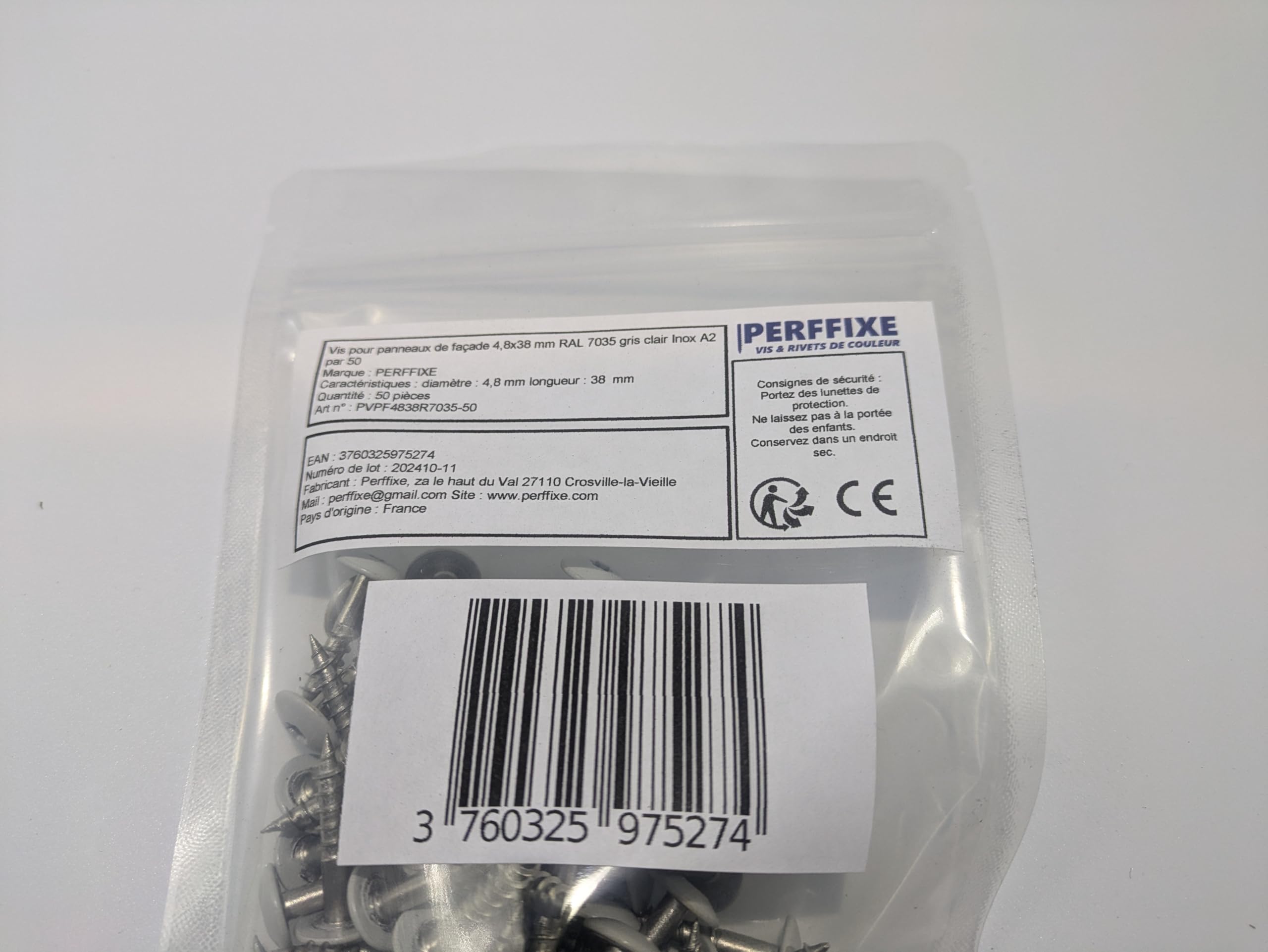 Vis pour panneaux de façade 4,8x38 mm RAL 7035 gris clair Inox A2 par 50
