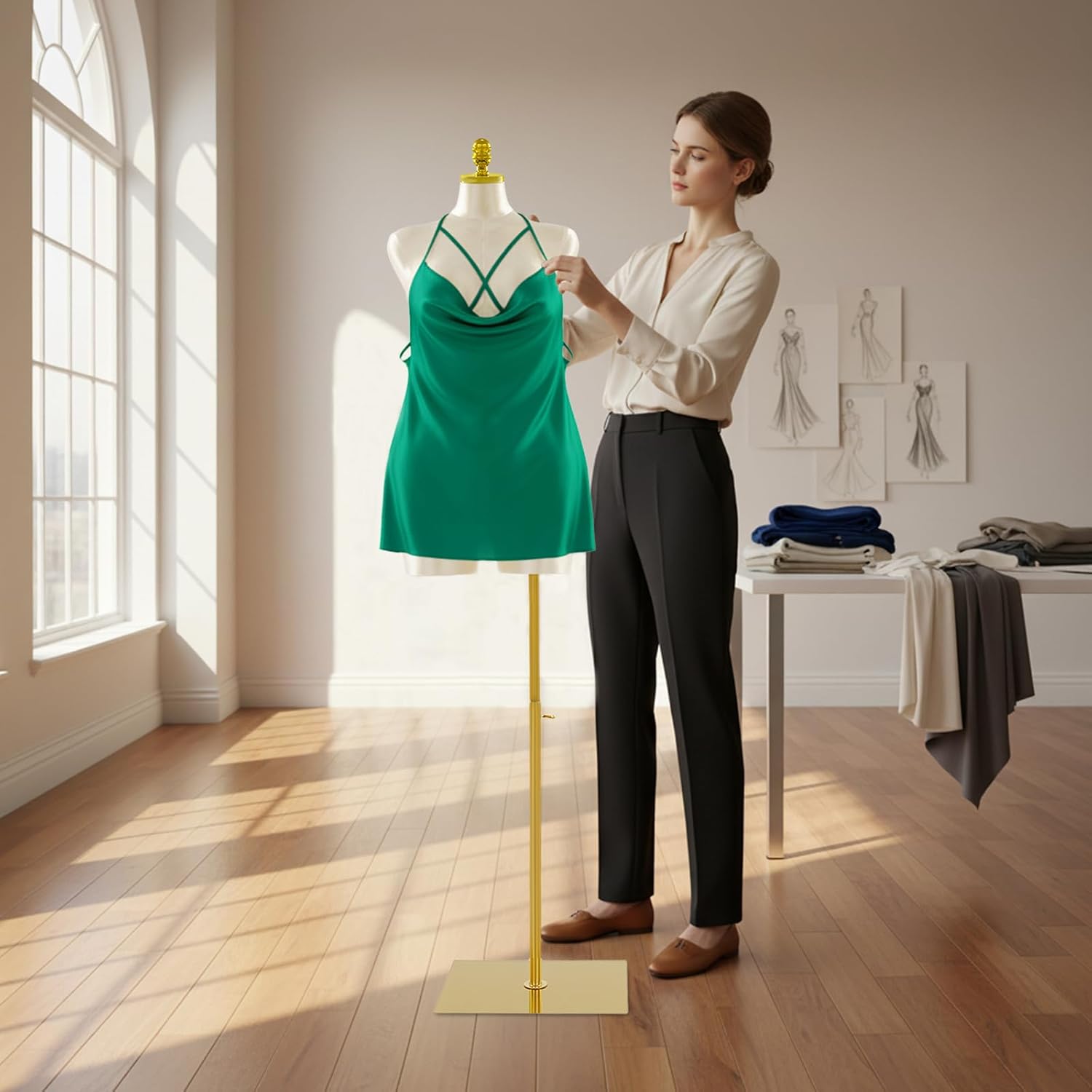 Female Mannequin Body Torso, Adjustable Dress Form, Champagne Clothing Display Model, Stable Free Standing with Base for Boutique Retail Store Photography Studio (Champagne Golden)