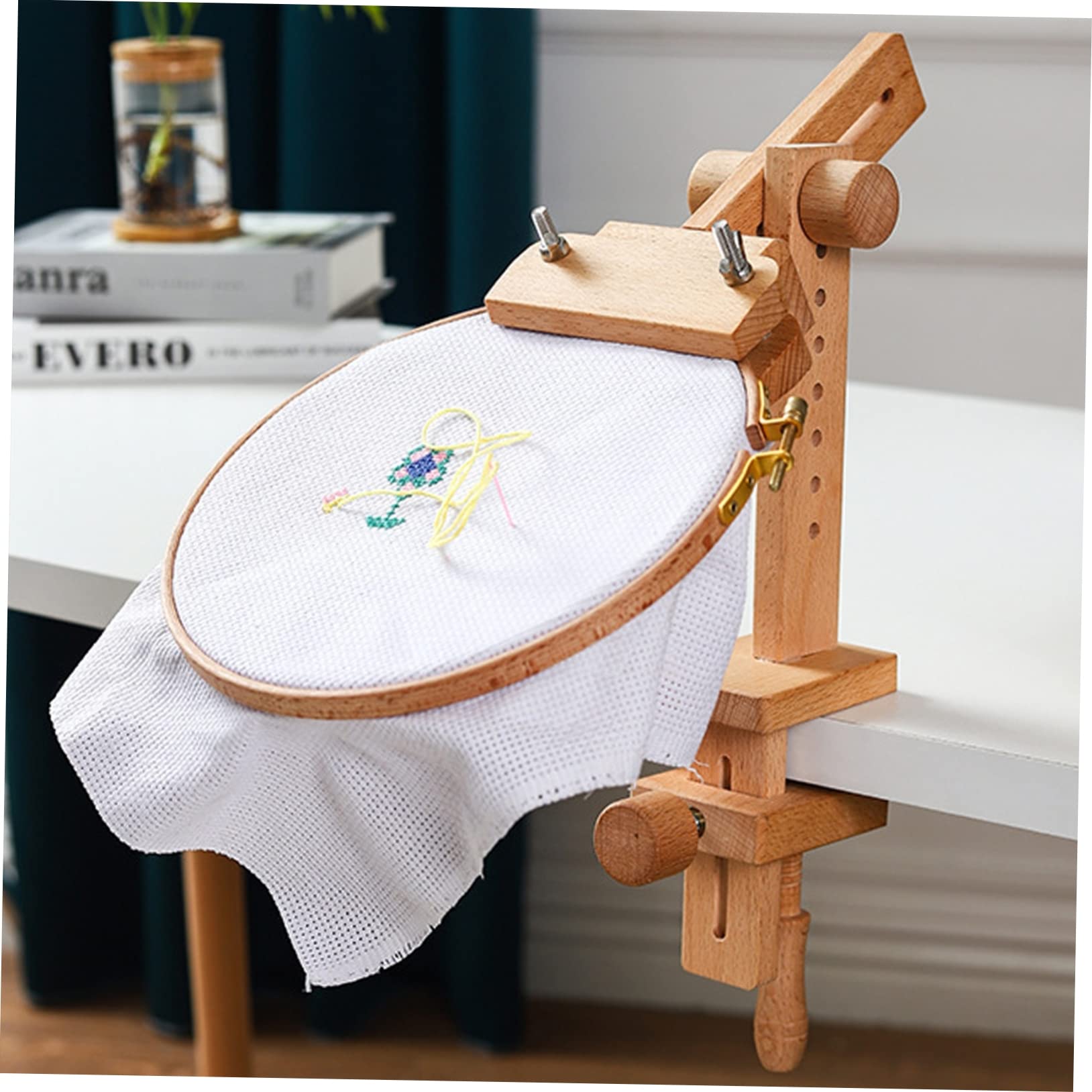 UTHCLO Bastidor de Bordado de Madera Ajustable para Mesa, Soporte Rotatorio 360° 20 Aros para Punto de Cruz, Herramienta Artesanal para Manualidades DIY para Aficionados y Principiantes