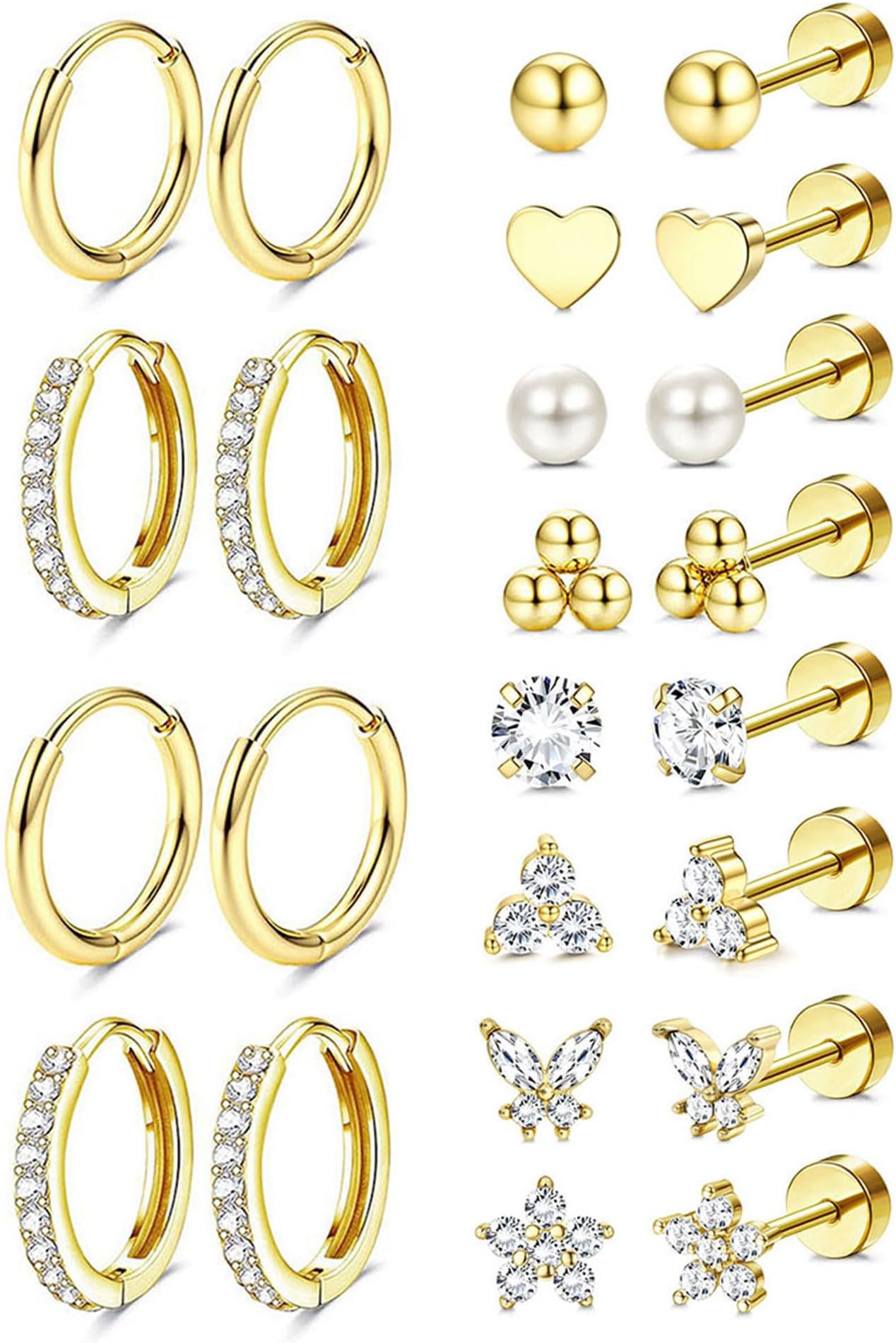 Hypoallergenic 14K Gold Plated Stud Hoop Earrings for Women Men Surgical Stainless Steel Flat Back Earrings Small Huggie Hoops Cartilage Earring Set for Multiple Piercing Jewelry Gift for Women