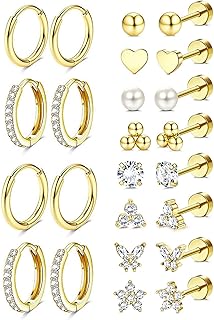 Hypoallergenic 14K Gold Plated Stud Hoop Earrings for Women Men Surgical Stainless Steel Flat Back Earrings Small Huggie Hoops Cartilage Earring Set for Multiple Piercing Jewelry Gift for Women