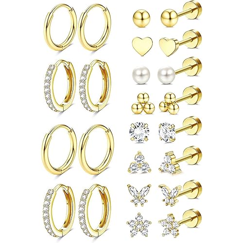 Jstyle Hypoallergenic 14K Gold Plated Stud Hoop Earrings for Women Men Surgical Stainless Steel Flat Back Earrings Small Huggie Hoops Cartilage Earring Set for Multiple Piercing Jewelry Gift for Women