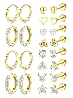 Jstyle Hypoallergenic 14K Gold Plated Stud Hoop Earrings for Women Men Surgical Stainless Steel Flat Back Earrings Small