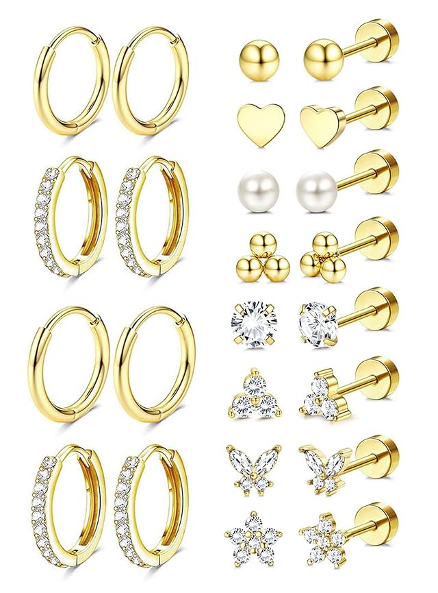 Jstyle Hypoallergenic 14K Gold Plated Stud Hoop Earrings for Women Men Surgical Stainless Steel Flat Back Earrings Small