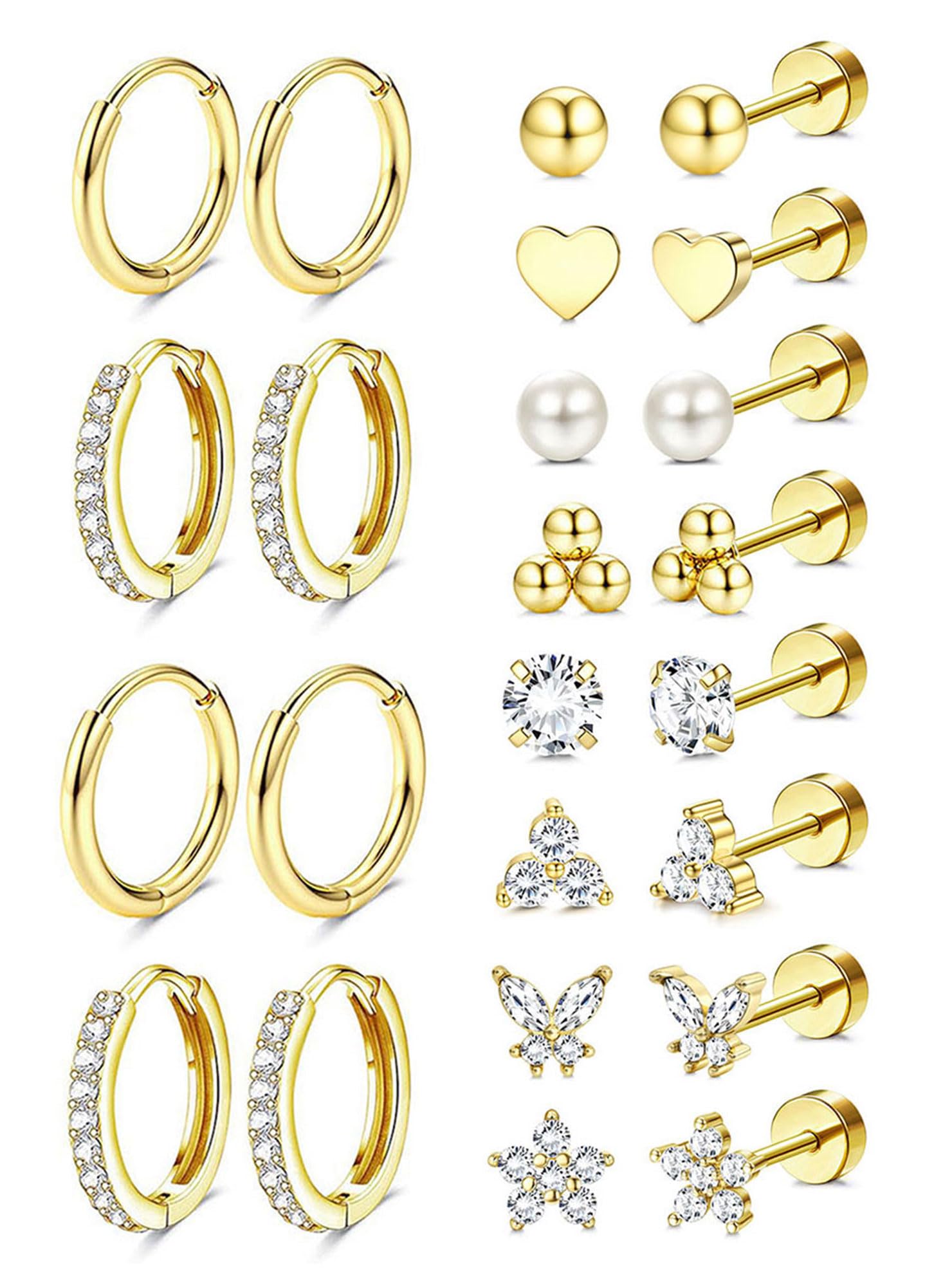 Hypoallergenic 14K Gold Plated Stud Hoop Earrings for Women Men Surgical Stainless Steel Flat Back Earrings Small Huggie Hoops Cartilage Earring Set for Multiple Piercing Jewelry Gift for Women