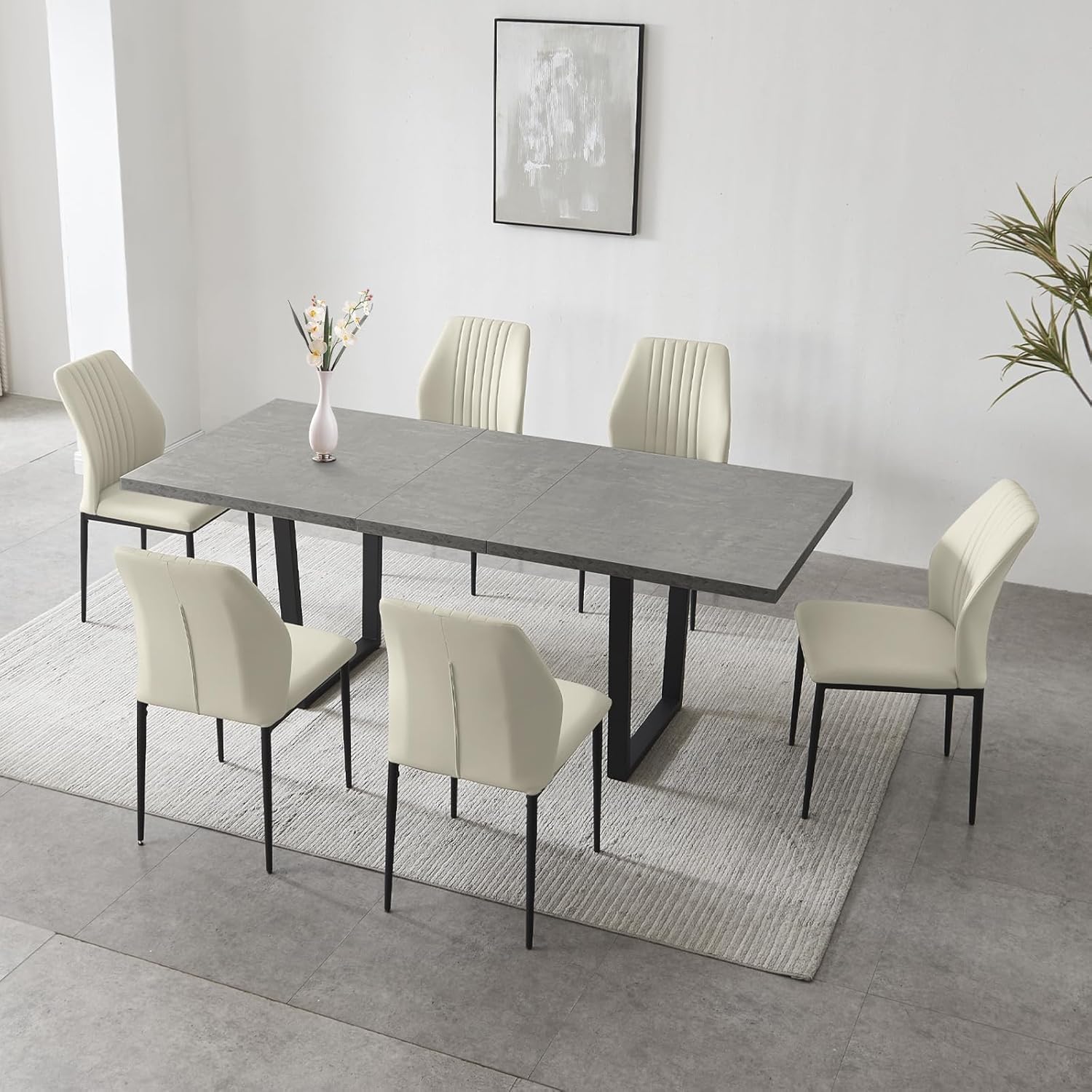 jiexi Modern Dining Table Set for 6-8, Extendable High Hardness Table for Space Saving, Metal Frame Farmhouse Rectangular Kitchen Dining Table Length 130cm Expanded 170cm (Table + 6 White Chairs)