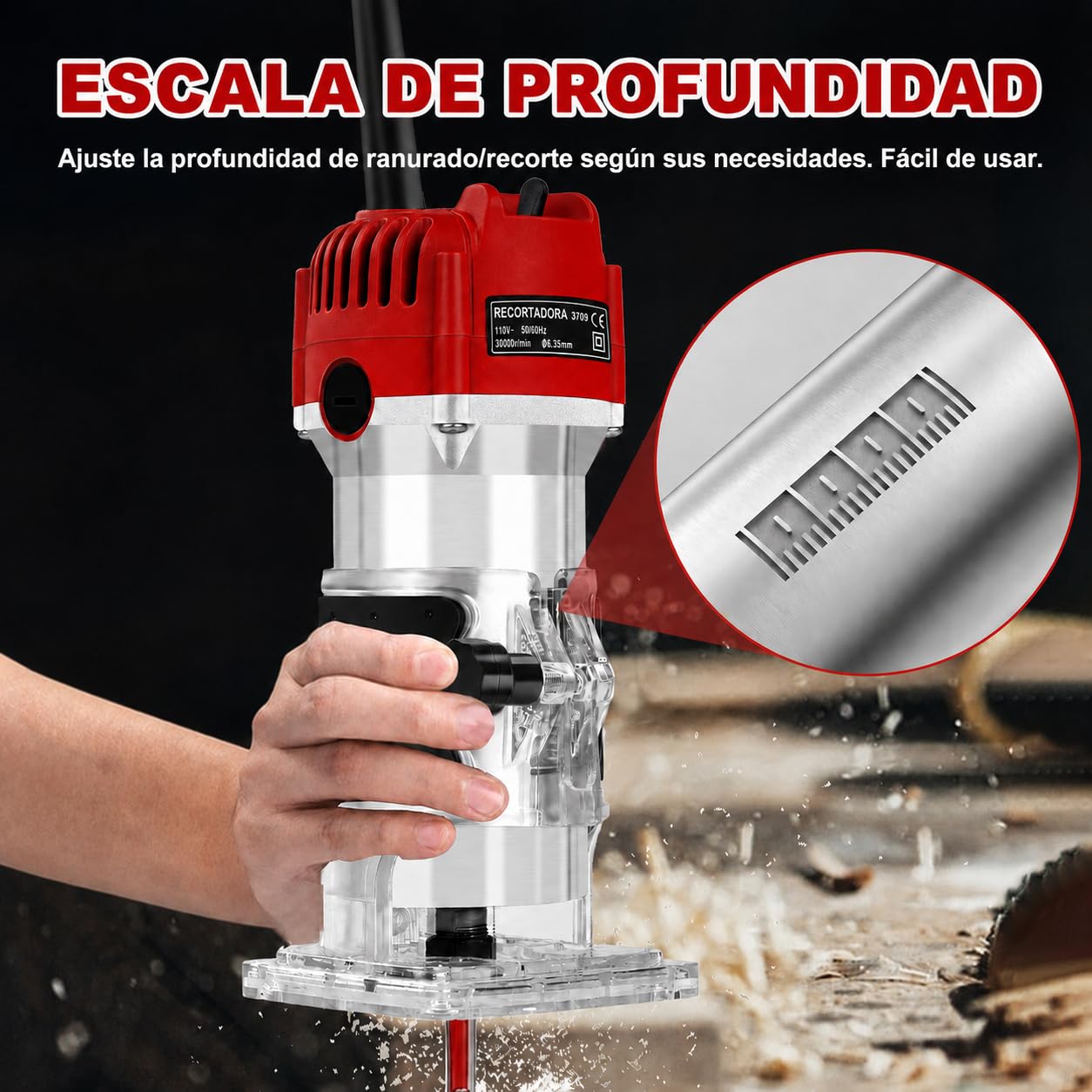 Fresadora Para Madera Compacta, 800W 30000RPM Fresadora De Mano Portátil, 6,35 mm Rebajadora Eléctrica con Guía Lateral y Guía Recta, para Ranuras, Cantos y Perfiles