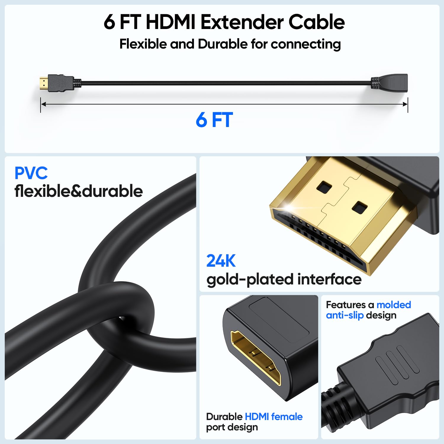 Cavo di prolunga HDMI da 1,8 m, schermato, 4K, HDMI 2.0, CL3, da maschio a femmina, 4K, 1080P a 144 Hz, classificato ARC e CL3 per computer/Montior/Fire TV Stick/Roku/Blu-Ray/laptop/switch, proiettore