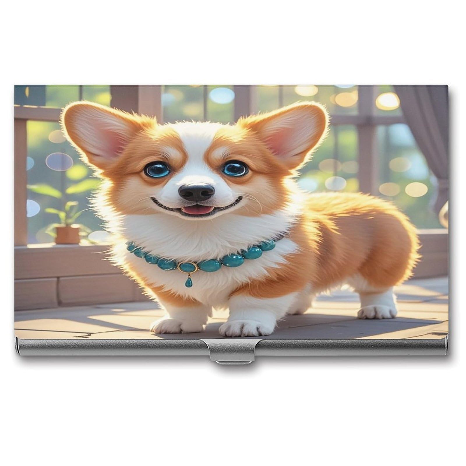 FekiLoot Cute Corgi Dog Illustration Business Card Holder Aluminum Alloy Business Card Case Convenient to Carry Business Card Dispenser for Men Women